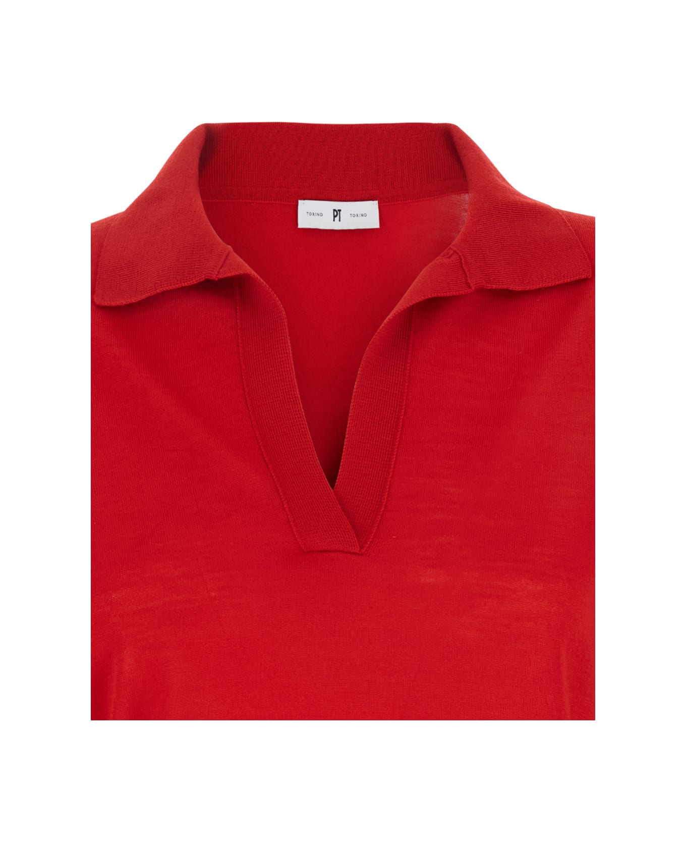 PT Torino Red Polo With V-neck And Short Sleeves In Virgin Wool Woman - Red