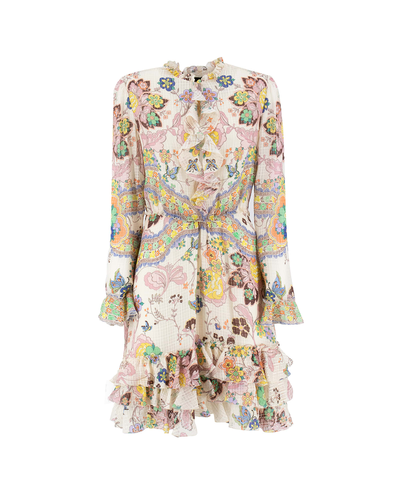 Etro Mock-neck Ruffled Mini Dress - PRINT ON WHITE BASE