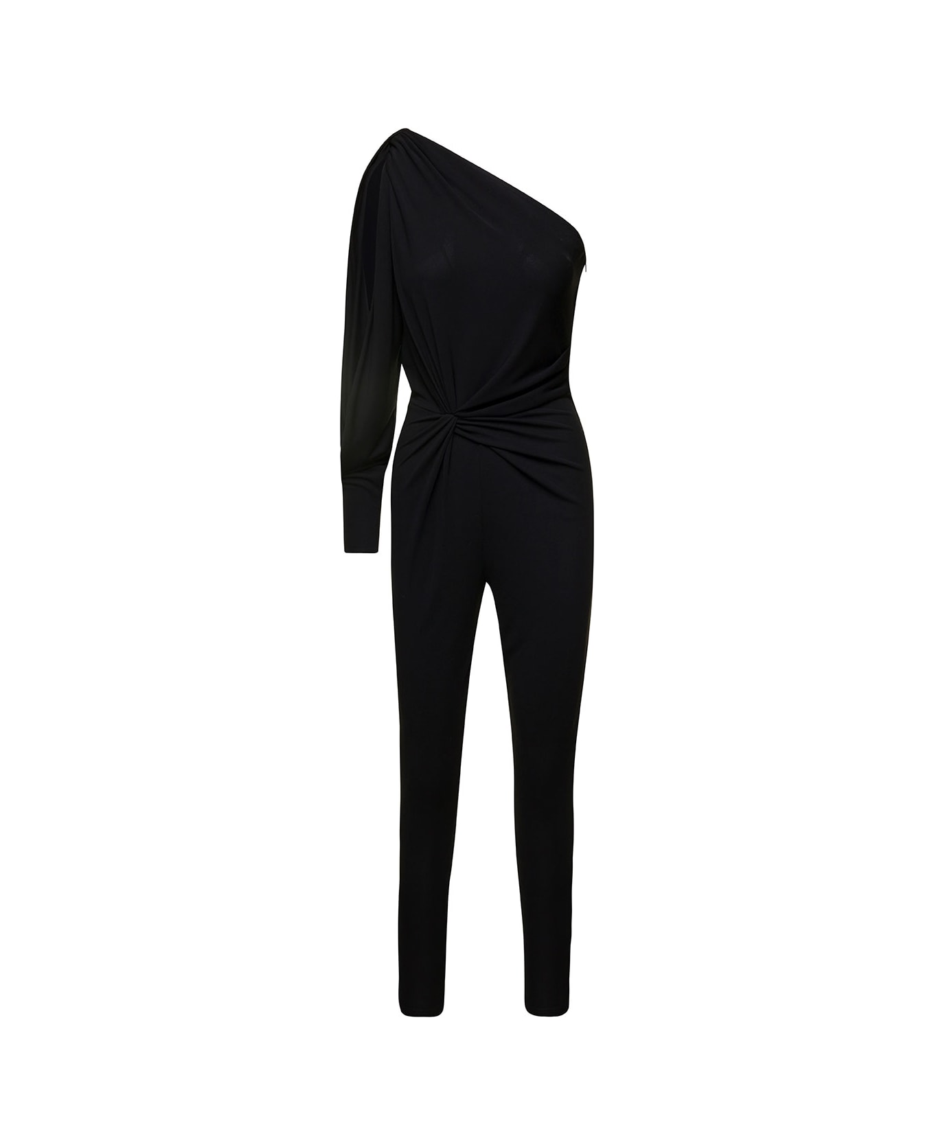 Saint Laurent Black One-shoulder Jumpsuit With Side Gathering In Jersey Woman - Black