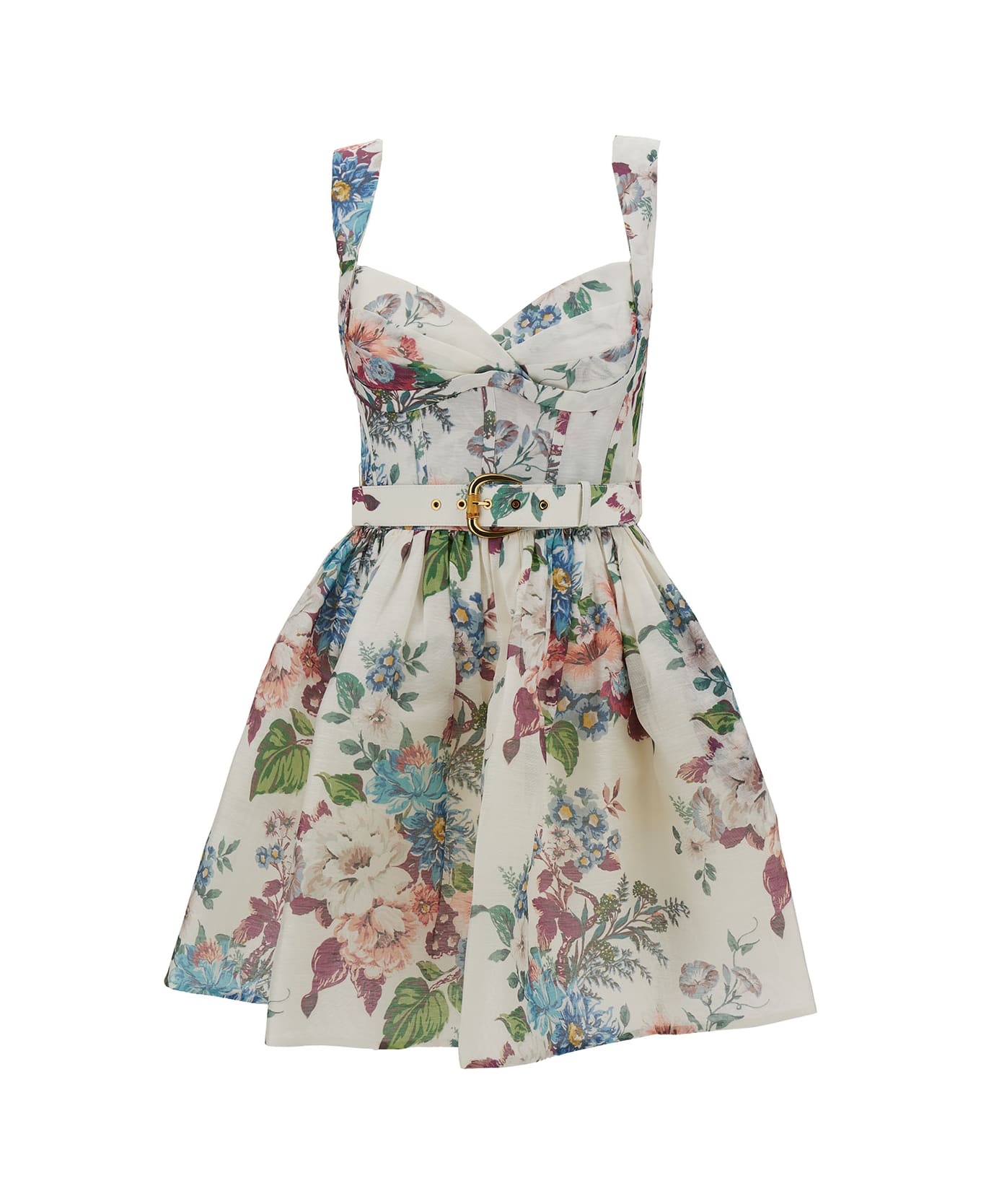 Zimmermann Mini Multicolor Dress With Belt And Floreal Print In Linen And Silk Woman - Ivbcp Ivory Barkcloth Print