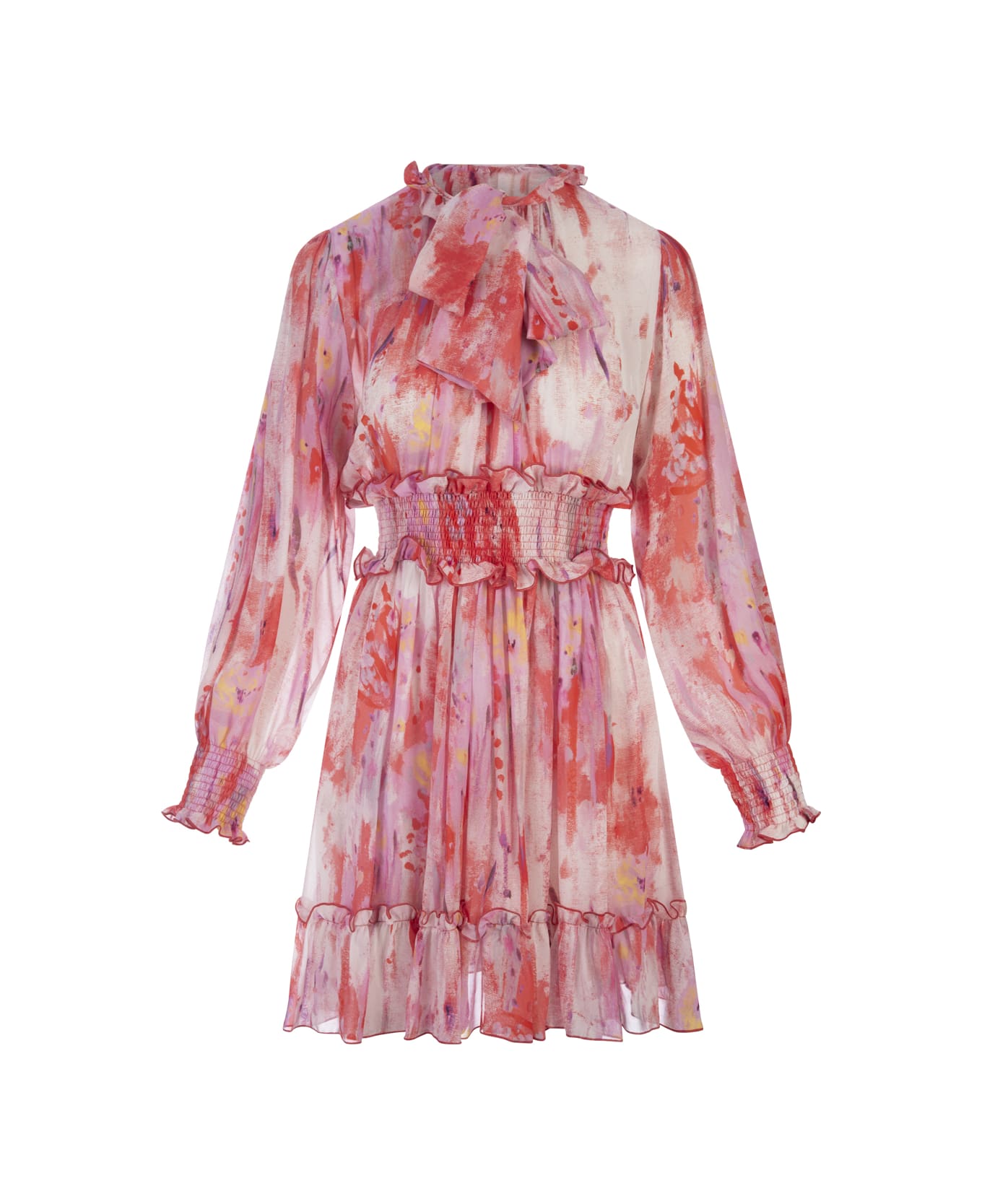 MSGM Short Dress In Georgette With "artsy Flower" Print - Pink