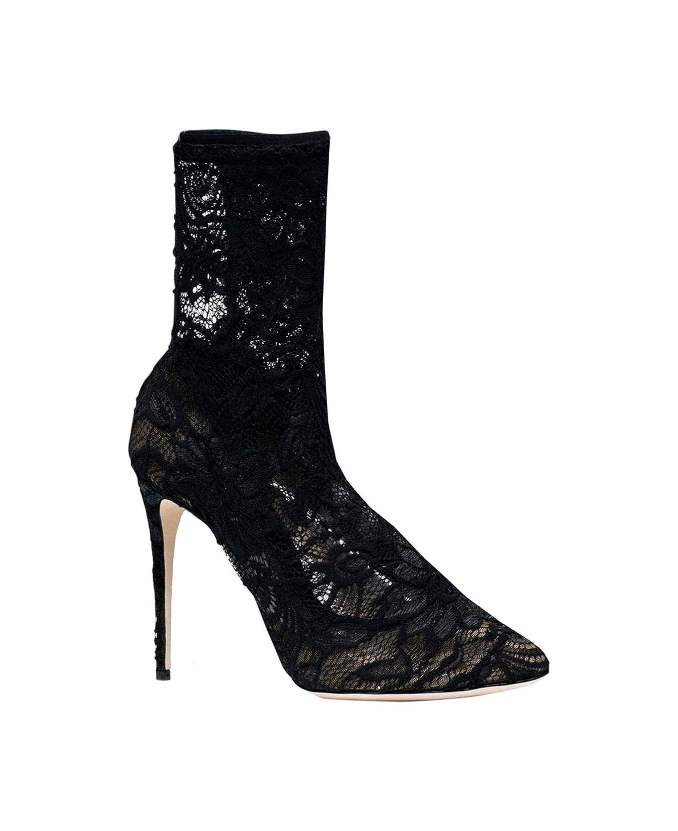 Dolce & Gabbana Black Pointed Boots In Chaintilly Lace Woman - Black