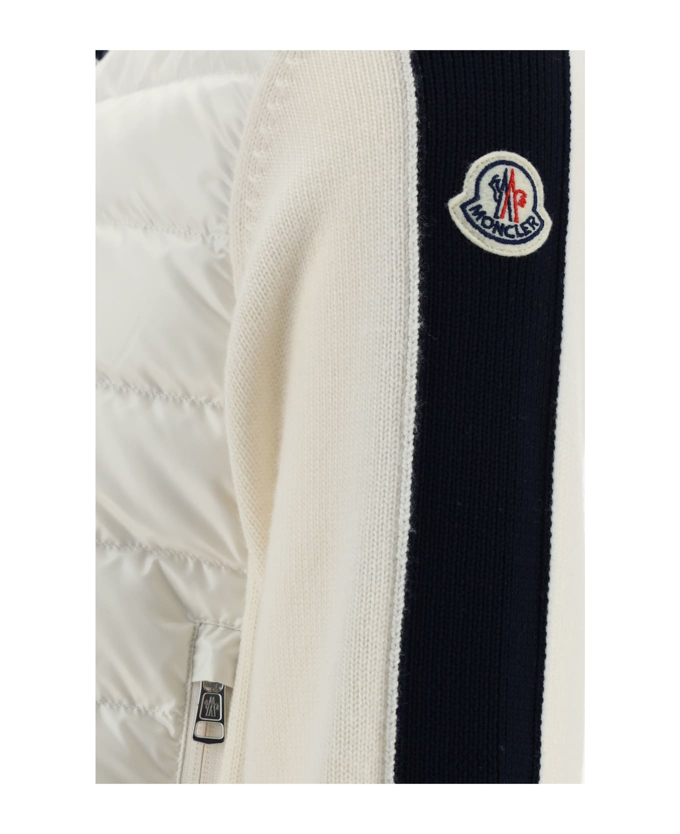 Moncler Padded Tricot Cardigan With Hood In White And Navy Blue - 034