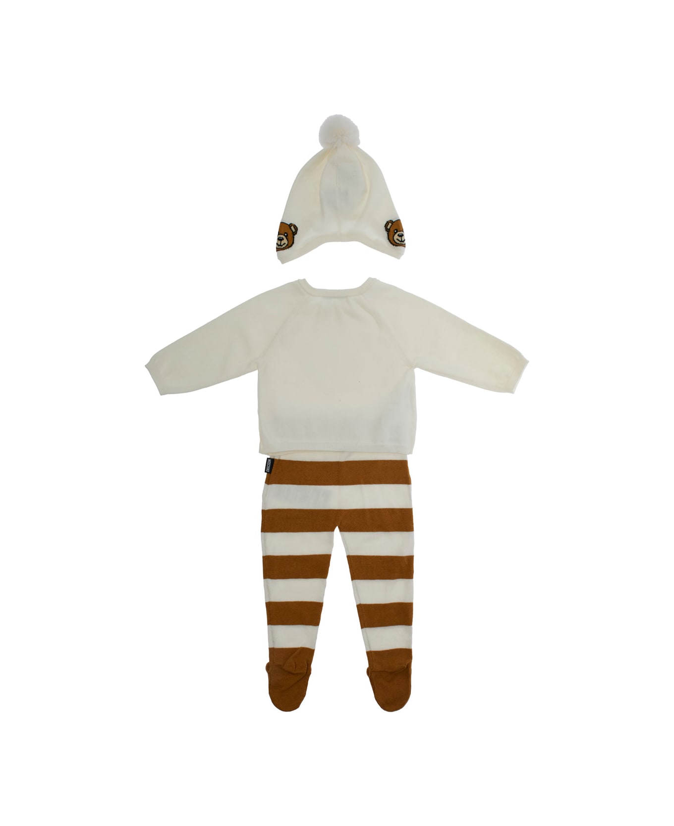 Moschino White And Brown Three-pieces Set With Teddy Bear Print In Cotton And Wool Blend Baby - Multicolor