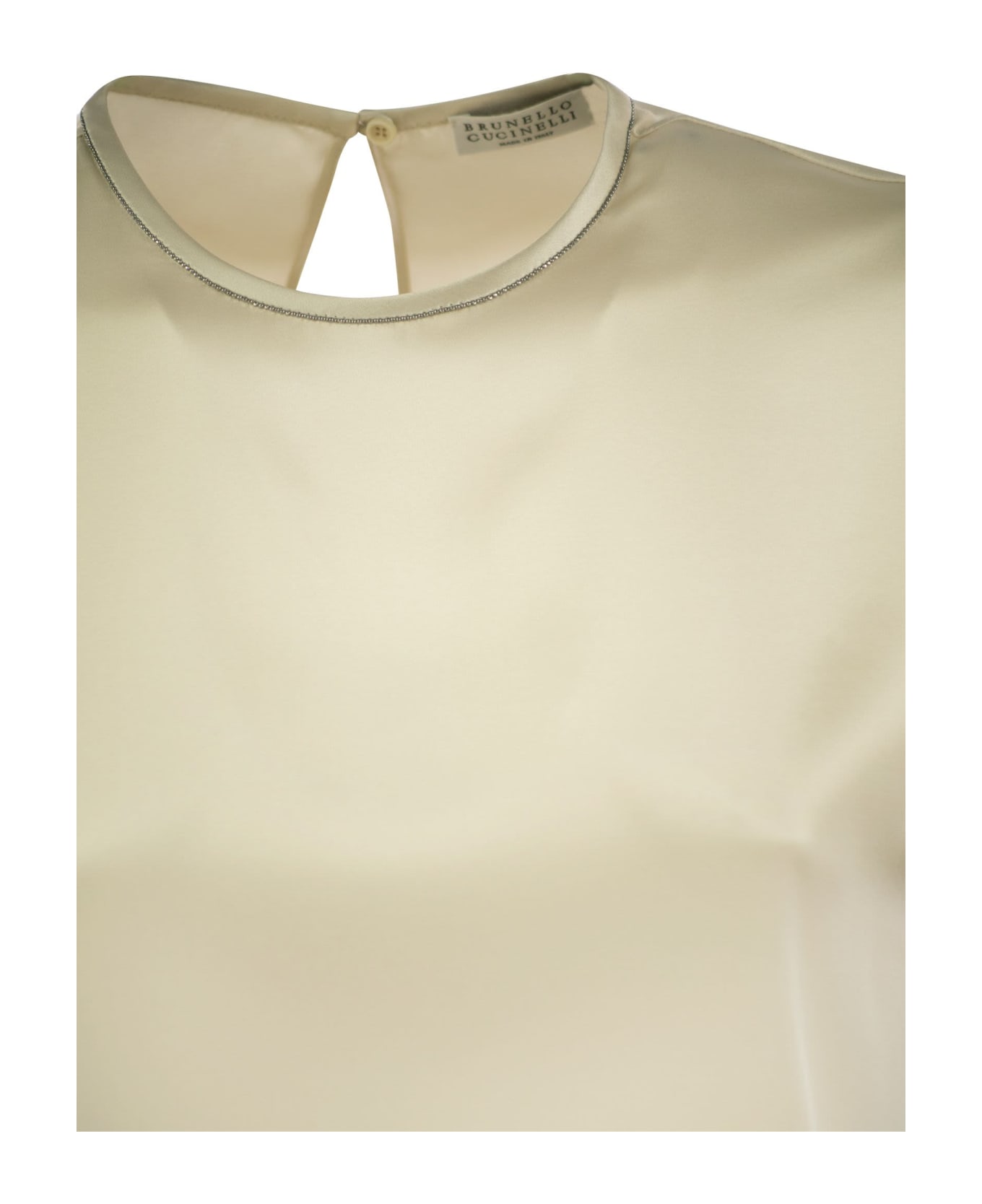 Brunello Cucinelli Stretch Silk Satin T-shirt With Necklace - Cream