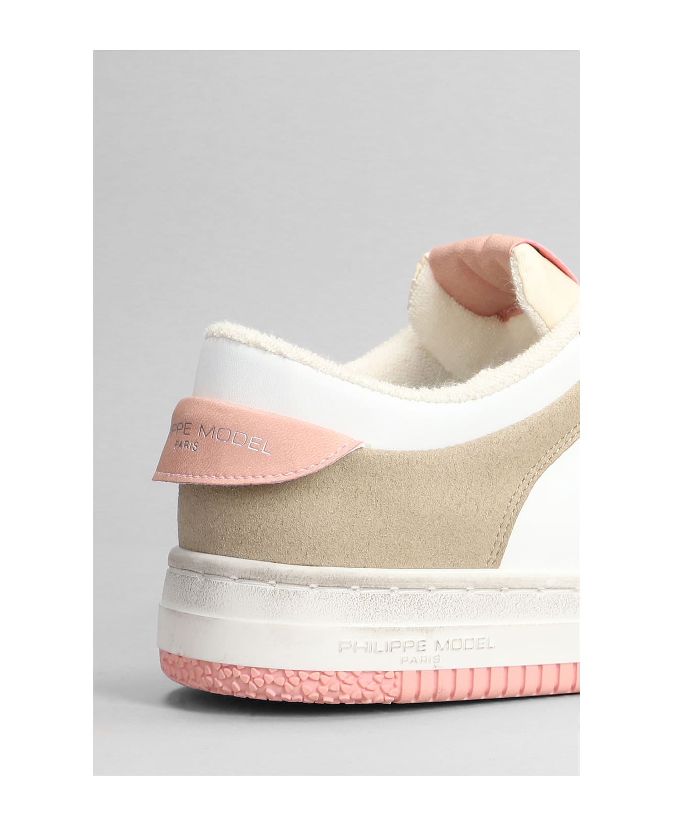 Philippe Model Lyon Sneakers In White Suede And Leather - Blanc/rose