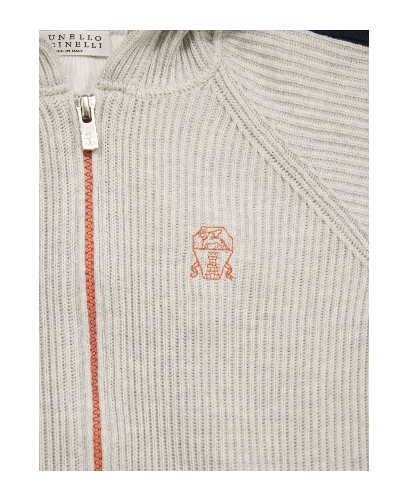Brunello Cucinelli Cotton Rib Cardigan With Striped Detail And Hood - Fog