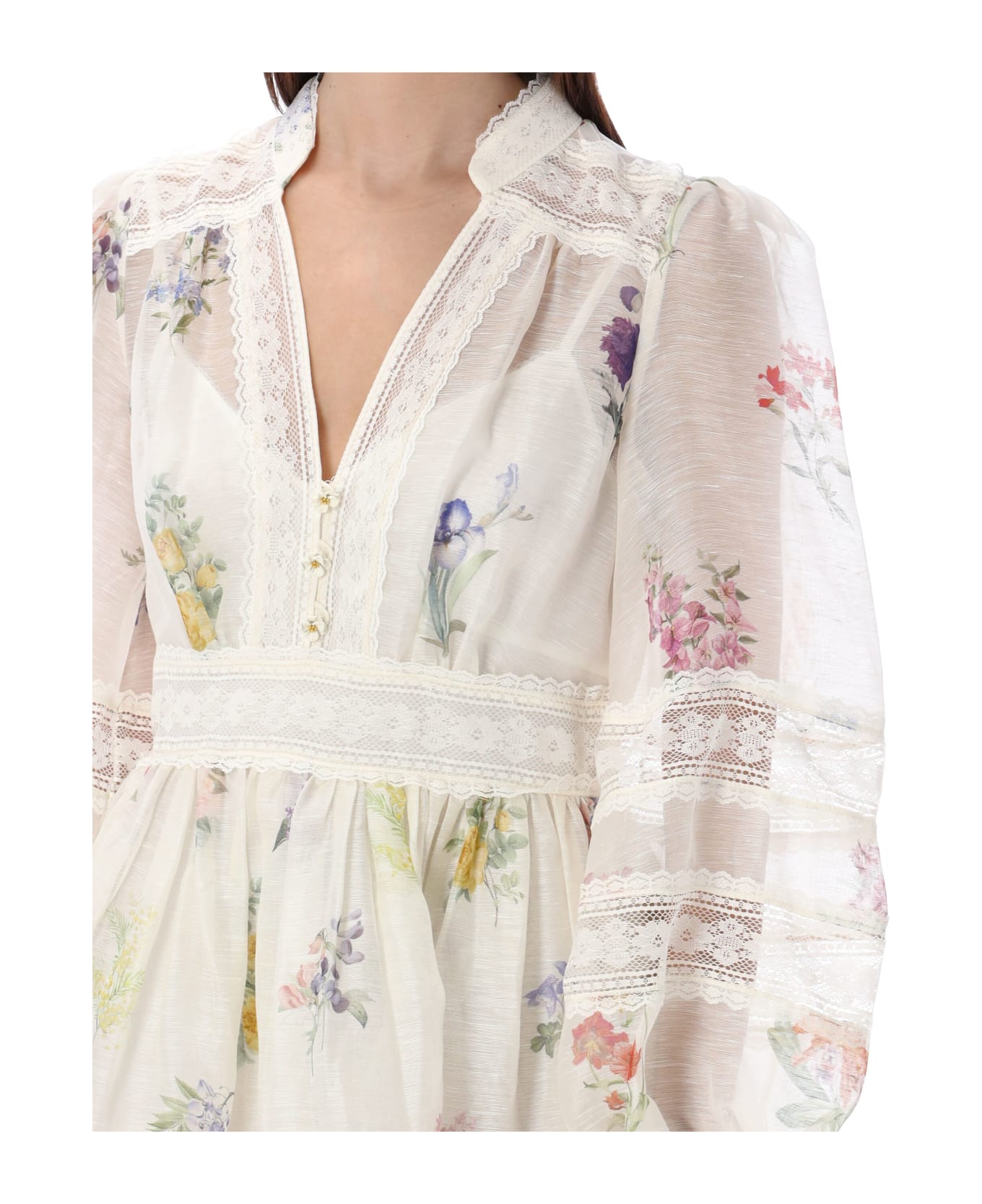 Zimmermann Natura V-neck Lace Mini Dress - WHITE FLOWER ワンピース＆ドレス