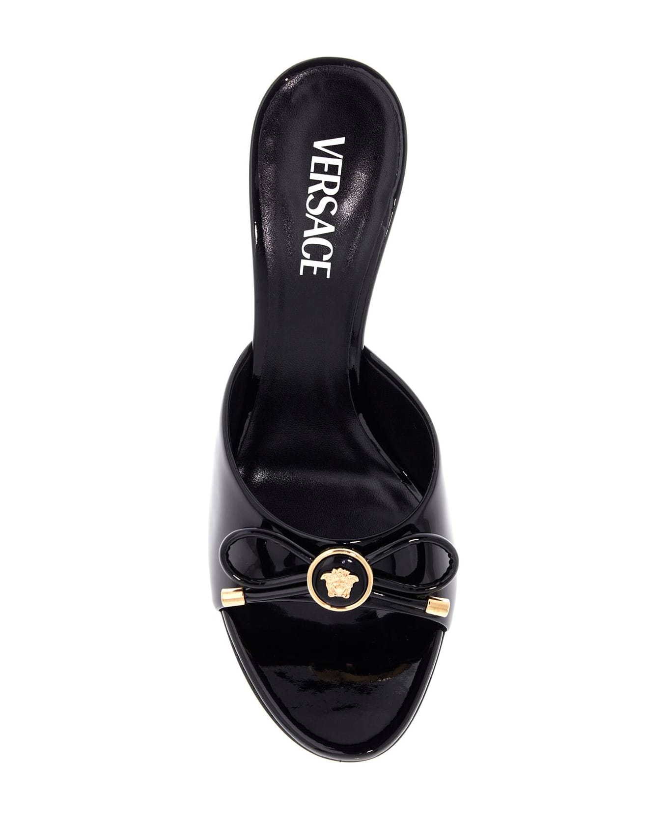 Versace 'opera Bow Patent Leather Mules - BLACK-VERSACE GOLD