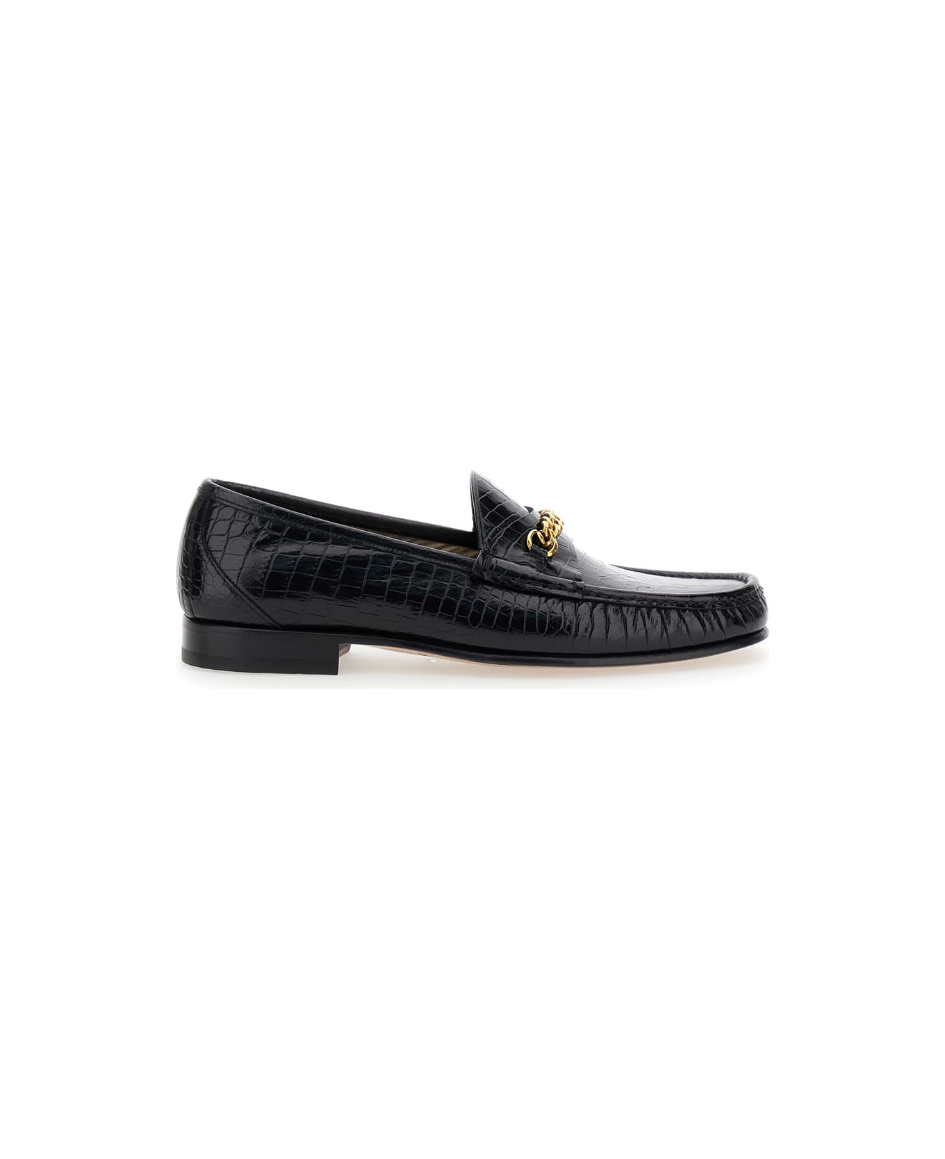 Tom Ford Black Slip-on Loafers With Chain Detail In Croco Effect Leather Man - Black