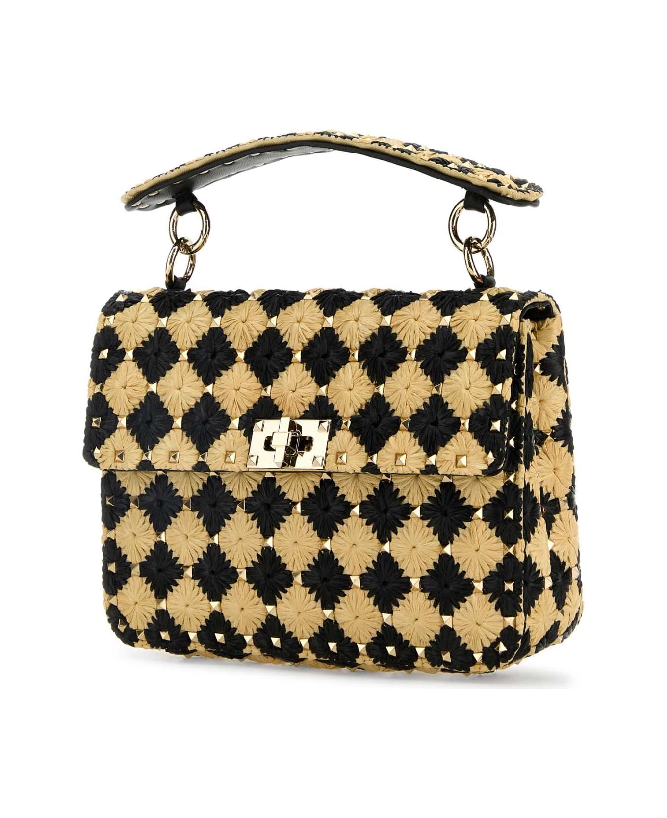 Valentino Garavani Two-tone Raffia Medium Rockstud Spike Handbag - NATURALENERO