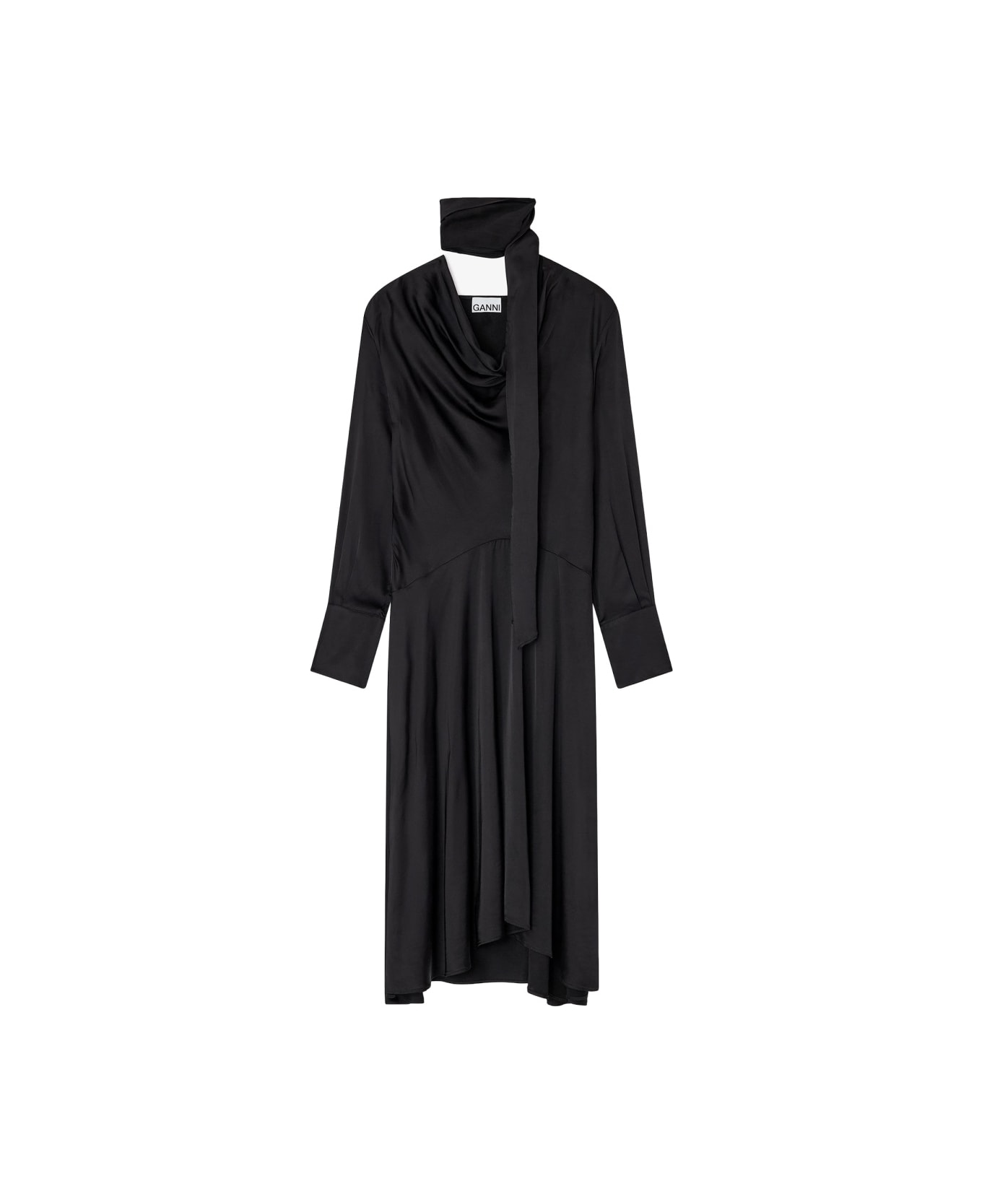 Ganni Midi Dress With Scarf - BLACK