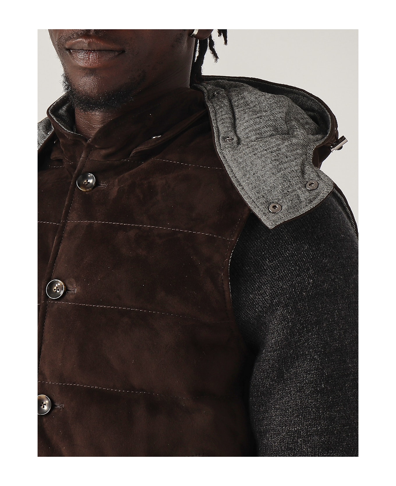 The Jackie Leather Brad Knit Reversibile Jacket - MARRONE-GRIGIO