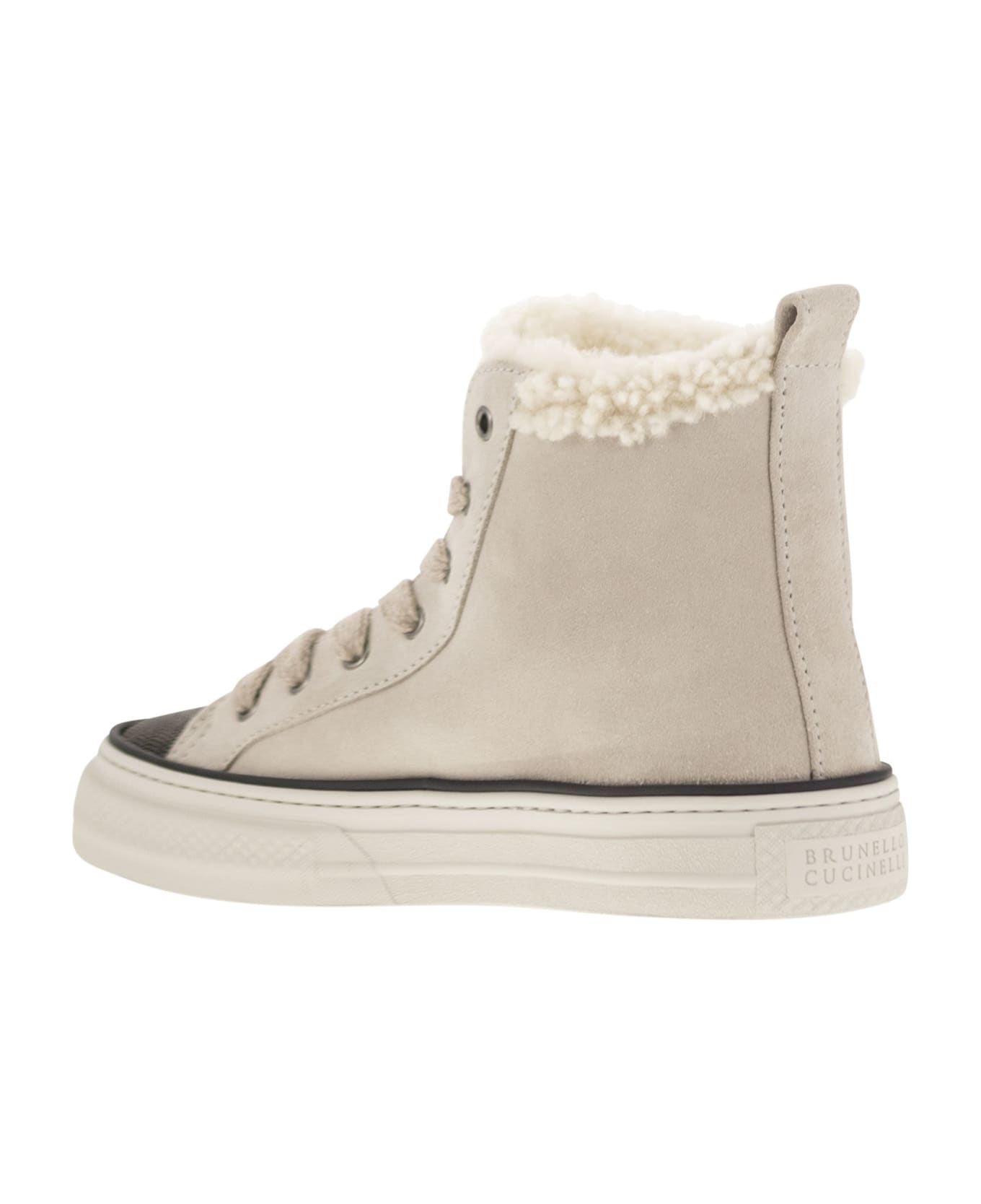 Brunello Cucinelli Suede Trainers With Shearling Lining And Jewelled Toe Cap - Ivory