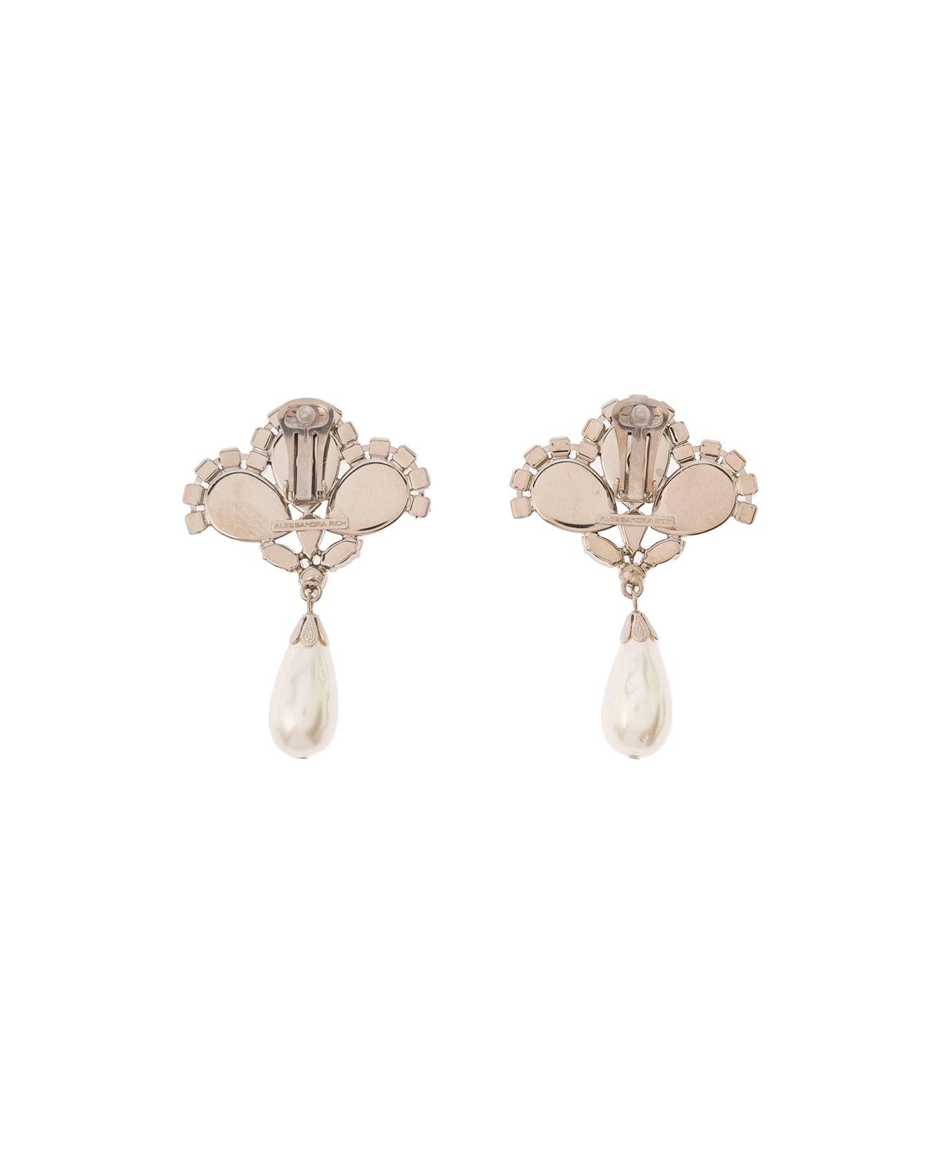 Alessandra Rich Silver-colored Clip-on Crystal Earrings With Pendant Pearl In Hypoallergenic Brass Woman - Metallic イヤリング