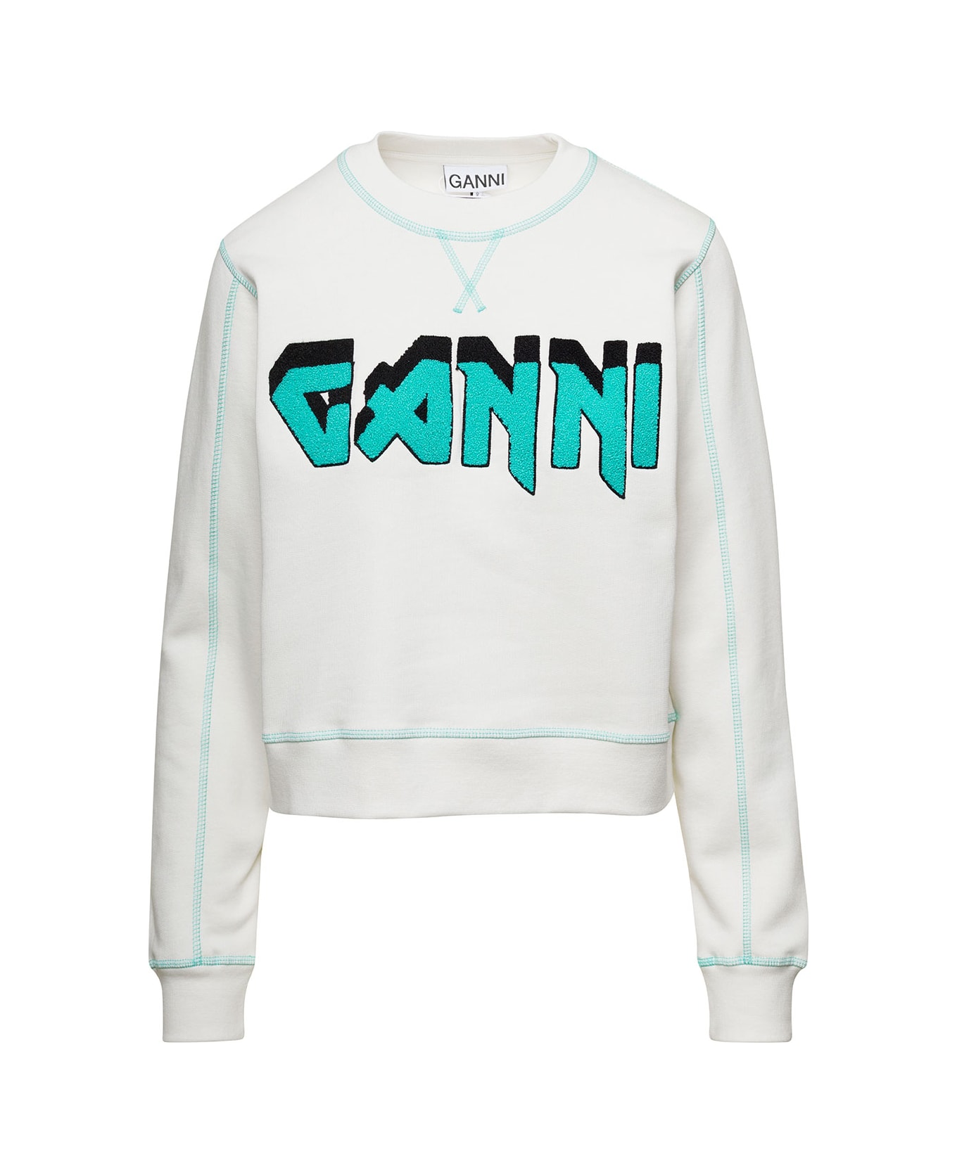 Ganni White Crewneck Sweater With Logo Print And Contrasting Stitching In Cotton Woman - White