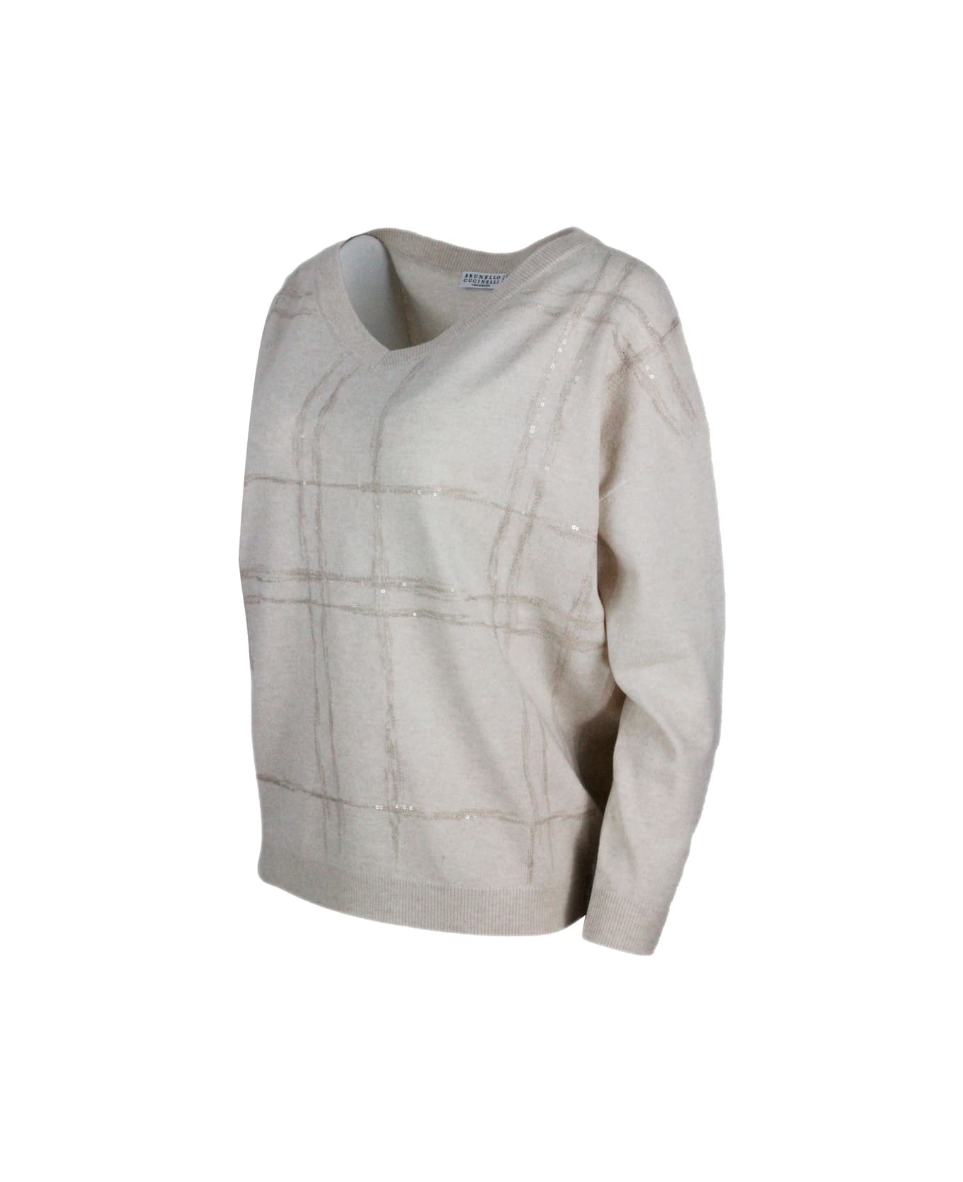 Brunello Cucinelli V-neck Long-sleeved Oversized Sweater With Window Motif Embellished With Micro-sequins - Beige