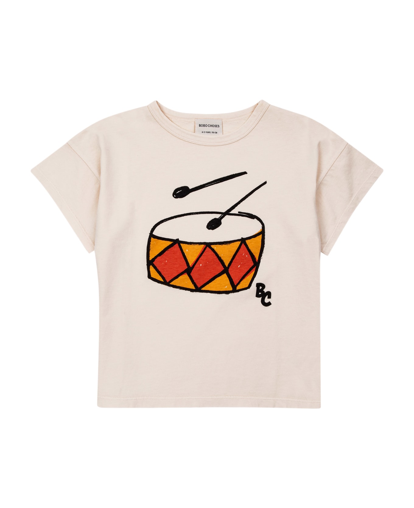 Bobo Choses Ivory T-shirt For Boy With Drum Print - Ivory Tシャツ＆ポロシャツ