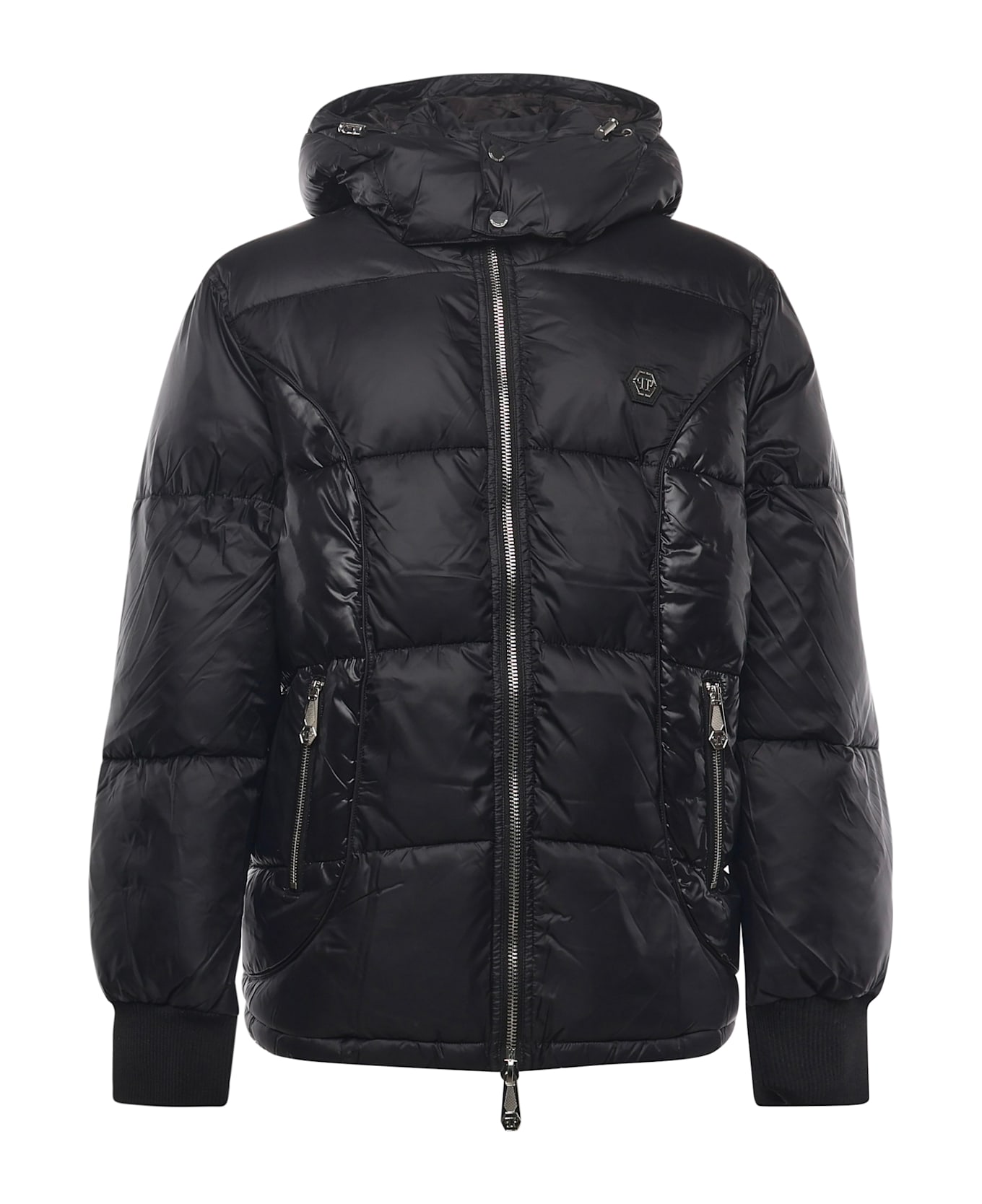 Philipp Plein Nylon Down Jacket With Logo - Black