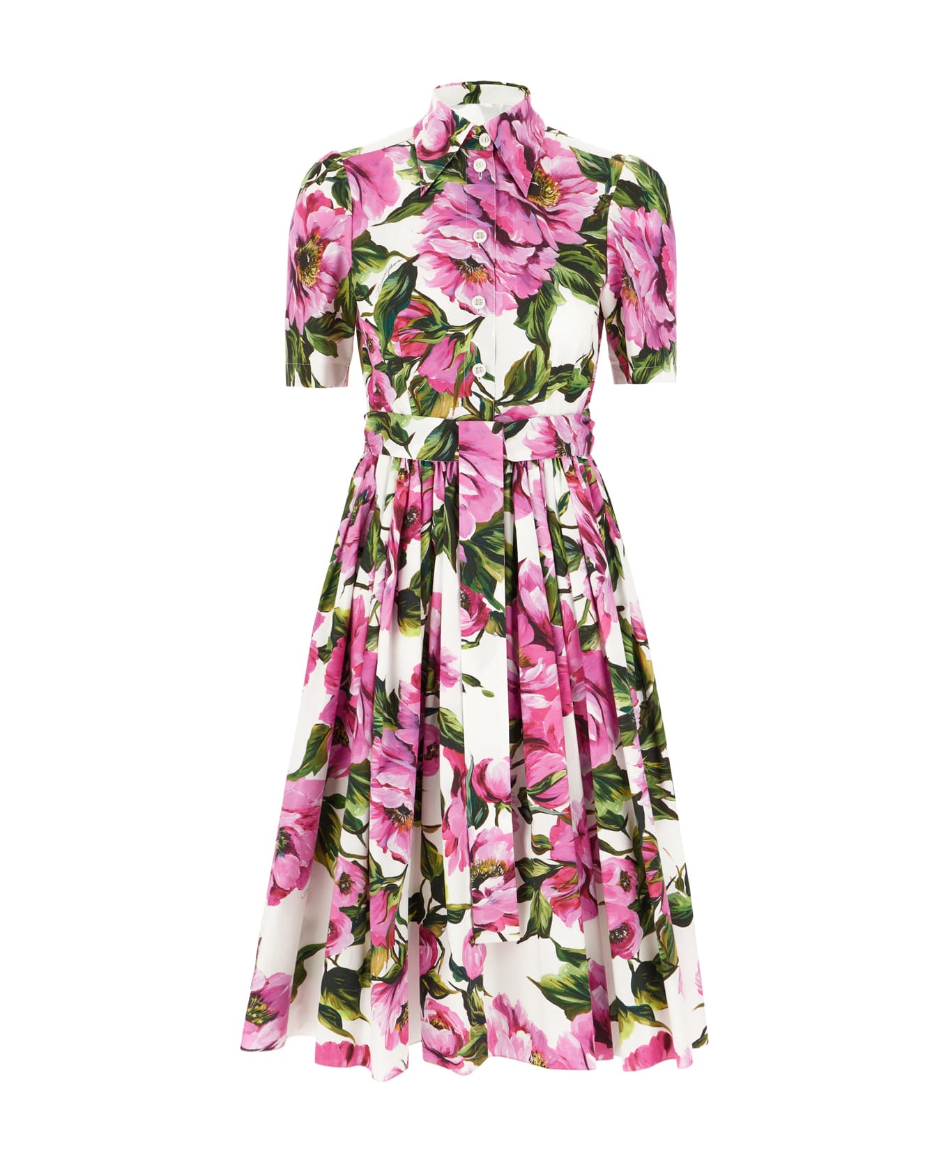 Dolce & Gabbana Printed Cotton Shirt Dress - PEONIE FUXIA BIANCO