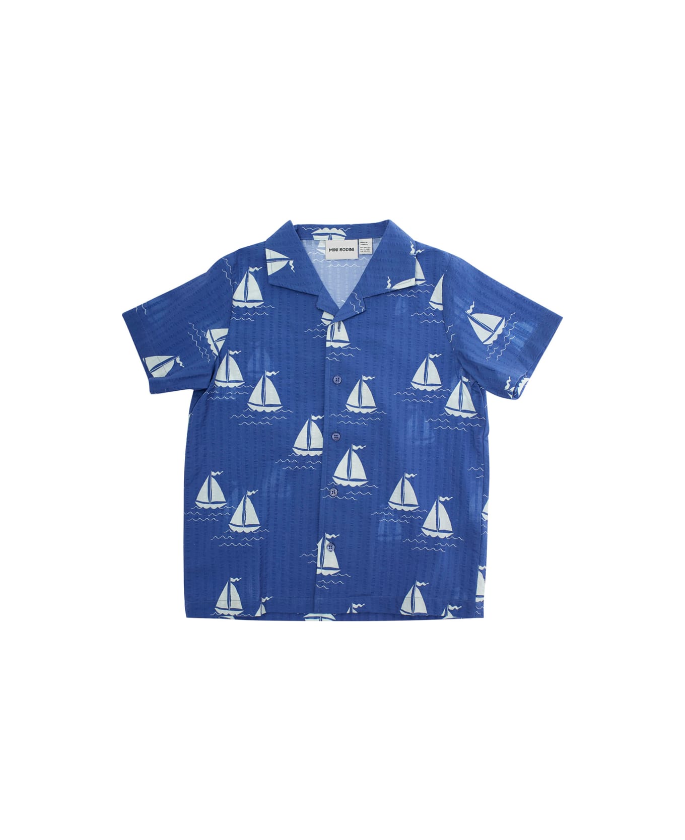 Mini Rodini 
sailing Boats
 Blue Shirt With Cuban Collar And All-over Graphic Print In Cotton Boy - Blu