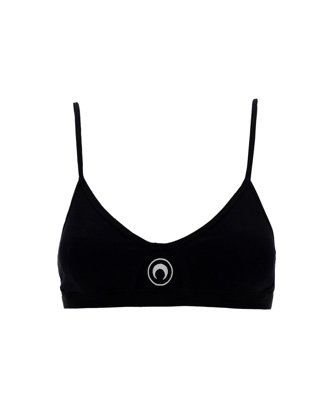 Marine Serre Black Top With Crescent Moon Embroidery In Ribbed Cotton Woman - Black