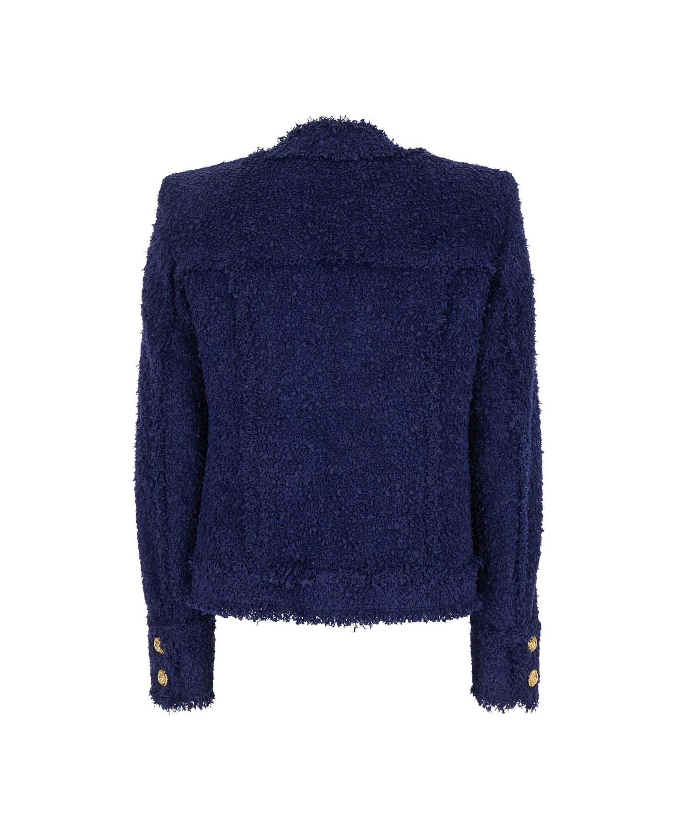 Balmain Blue Collarless Jacket With Gold Buttons In Tweed Woman - Blu