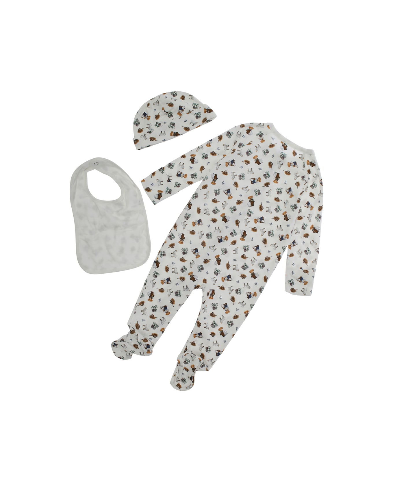 Polo Ralph Lauren Set Of White Jumpsuits With Beanie And Bib With All-over Polo Bear Print In Cotton Baby - Multicolor