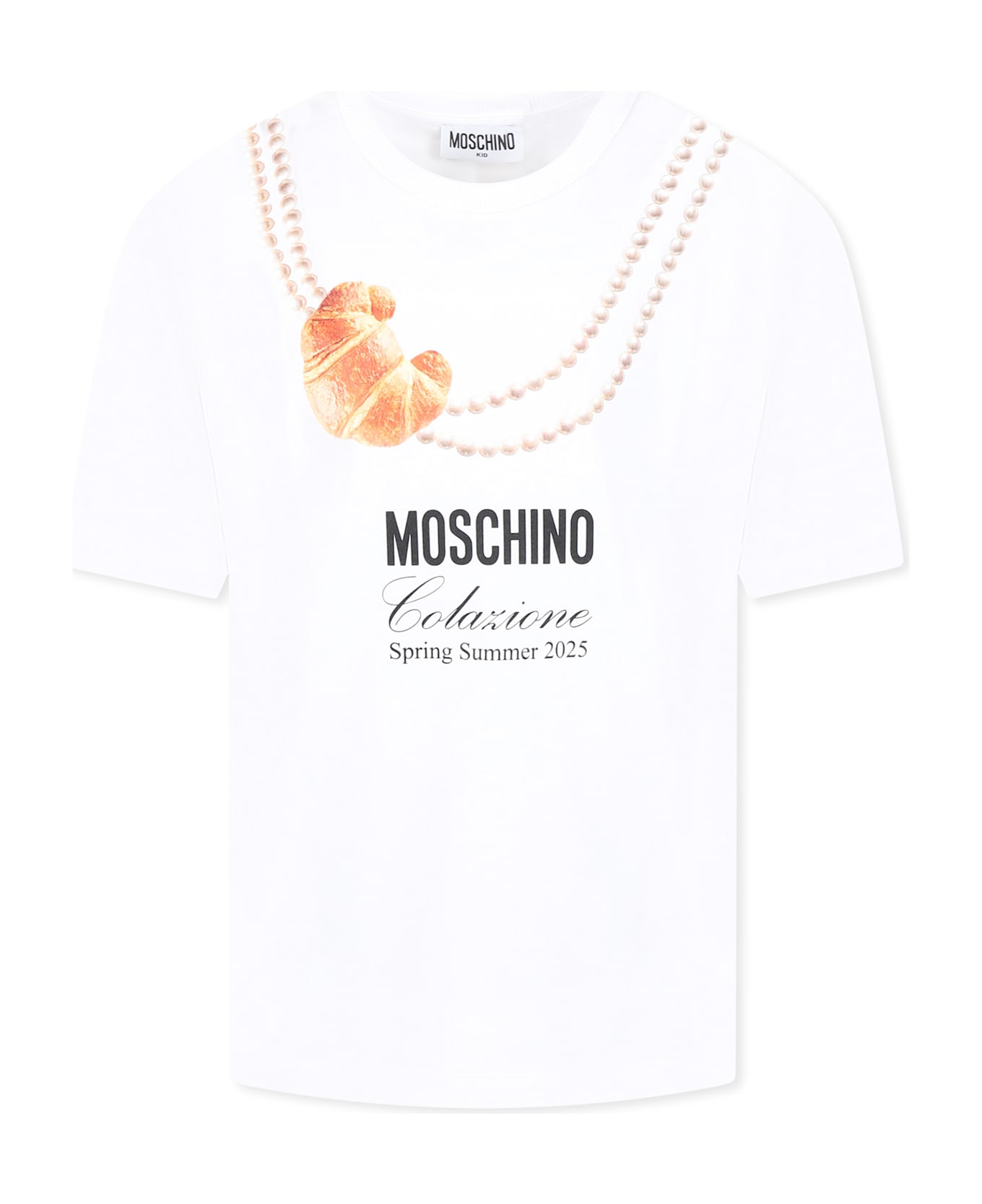 Moschino White T-shirt For Girl With Italian Croissant Print - White
