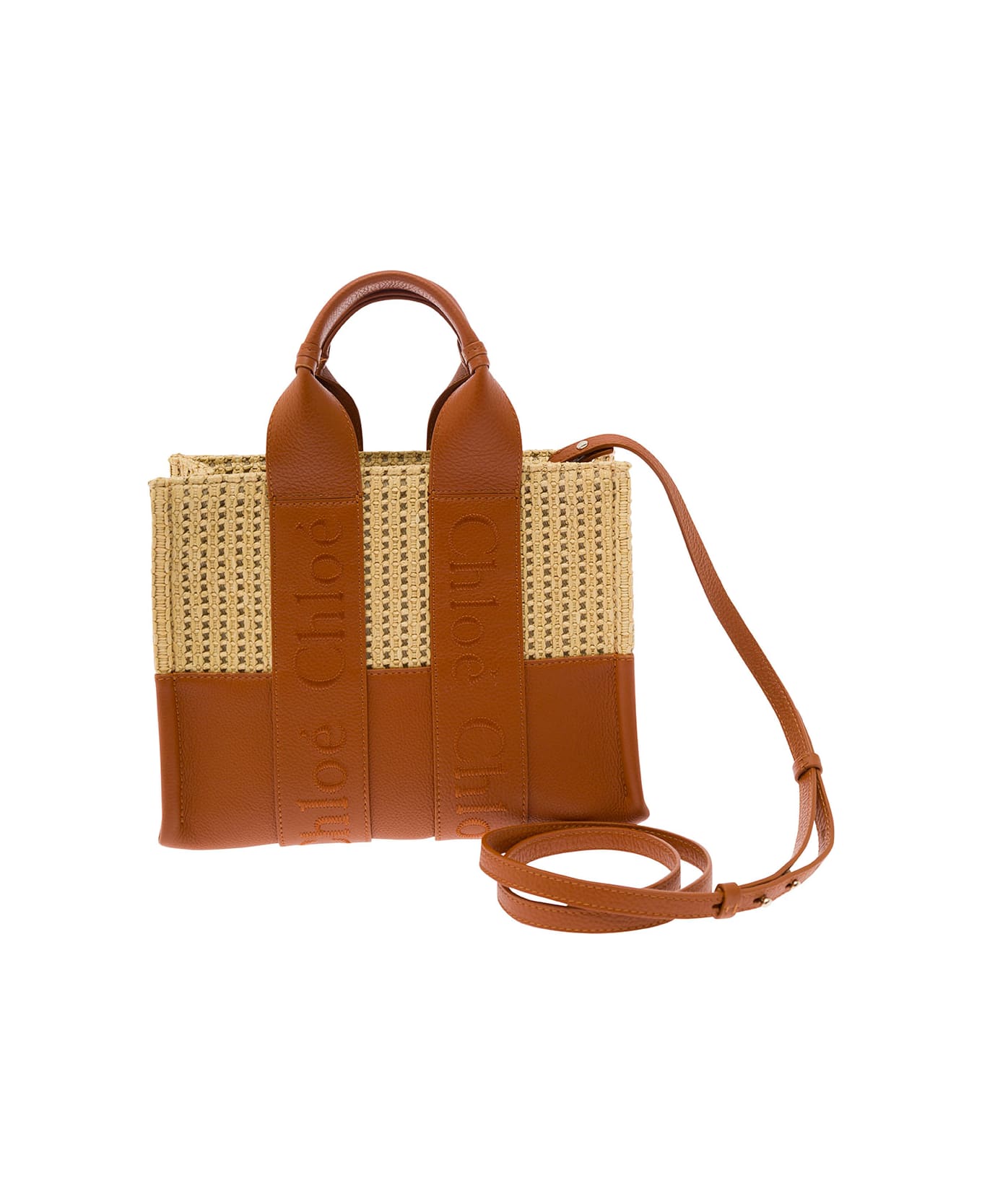 Chloé Woody Small Tote Bag In Leather And Raffia With Embroidered Logo - Brown