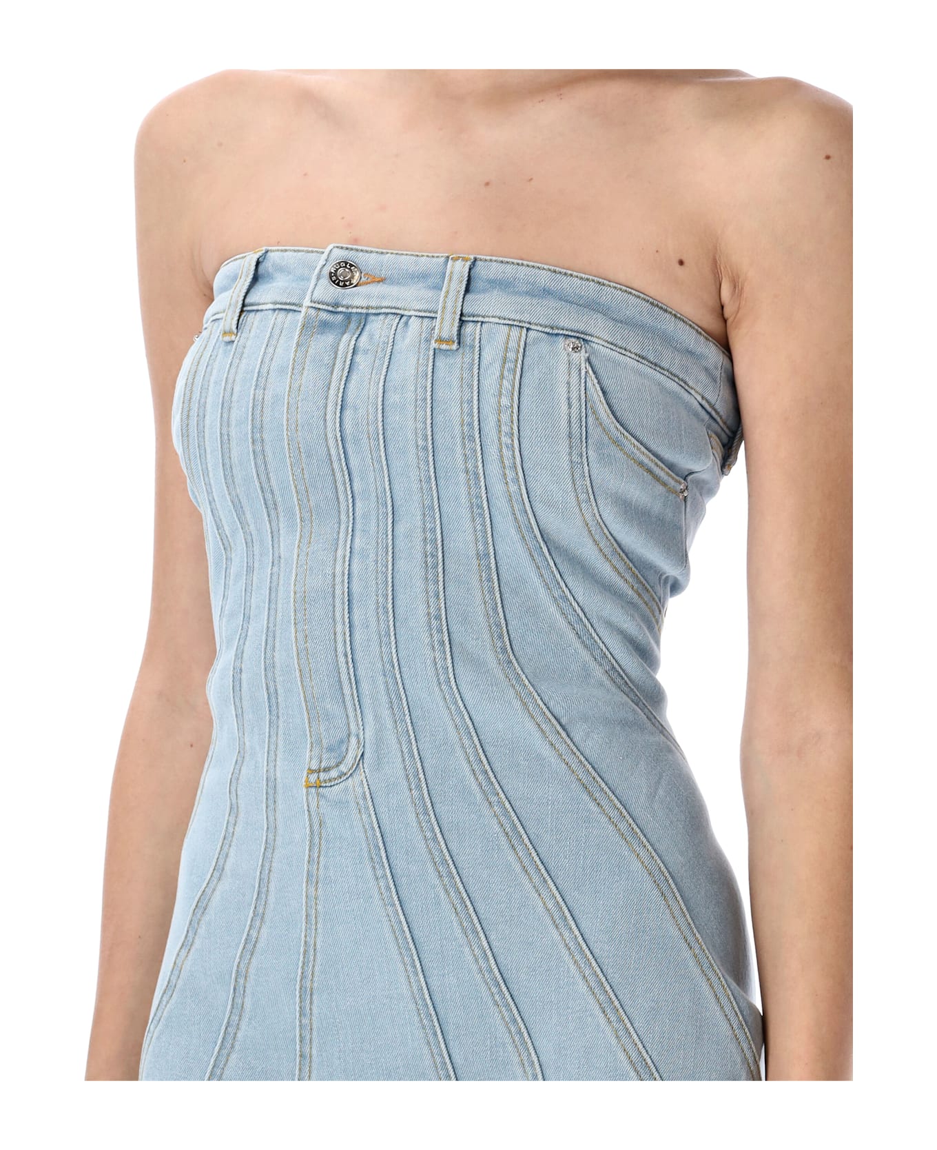 Mugler Spiral Denim Bustier Dress - MEDIUM BLUE