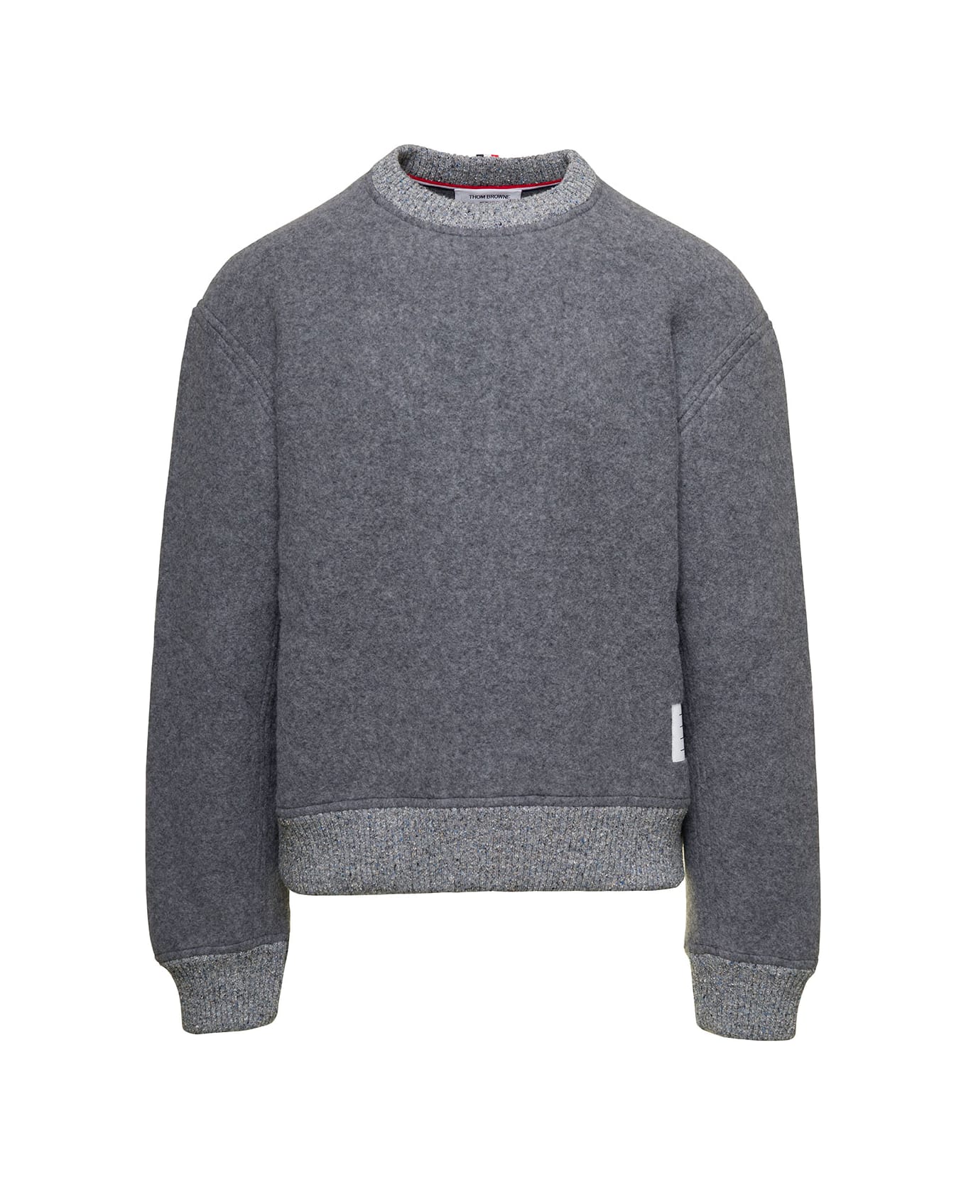 Thom Browne Crewneck Sweatshirt W/ Cb Rwb Stripe In Wool Fleece - Grey