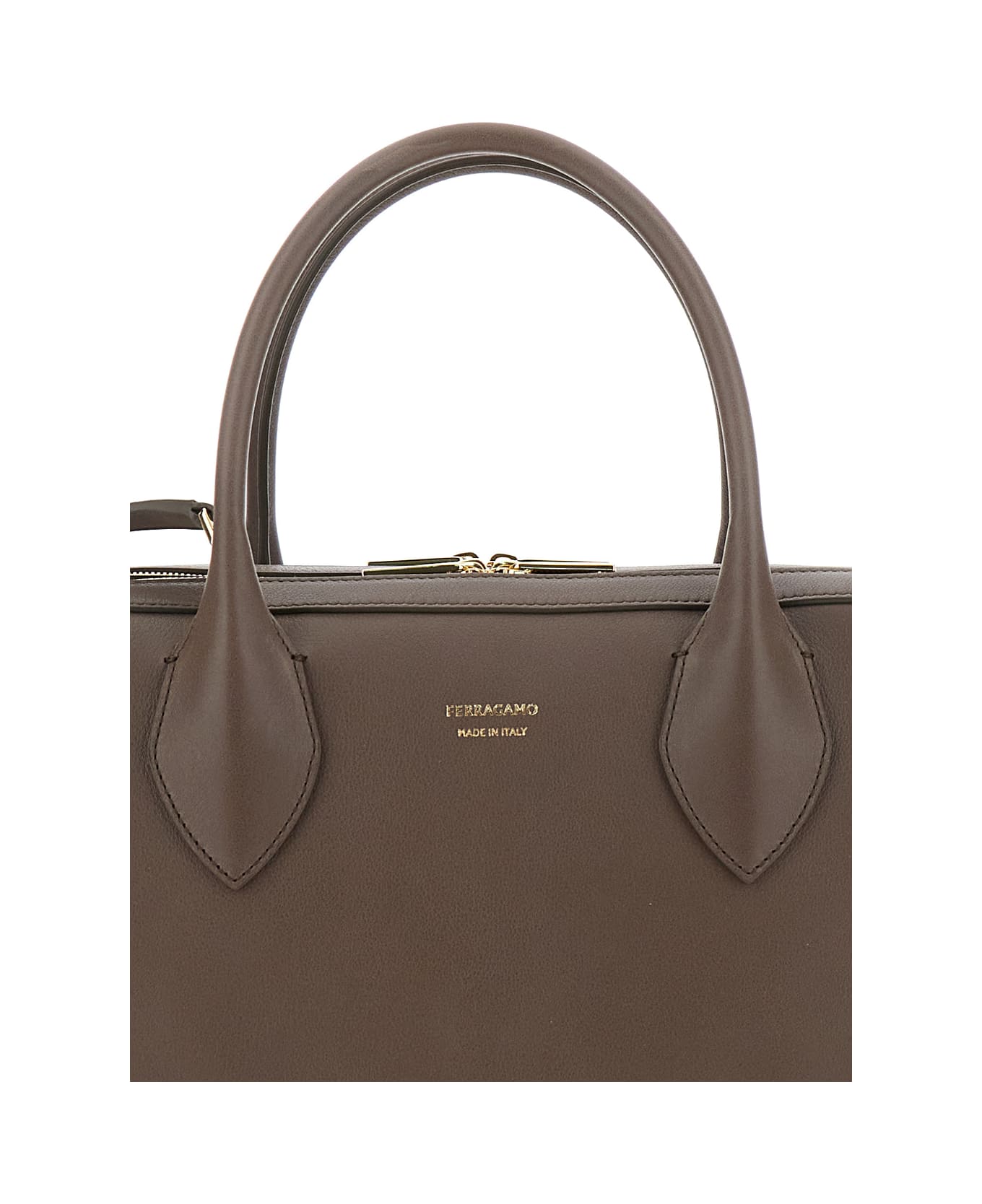 Ferragamo Brown Handbag With Three Zips And Logo Printed On The Front In Leather Woman - Brown