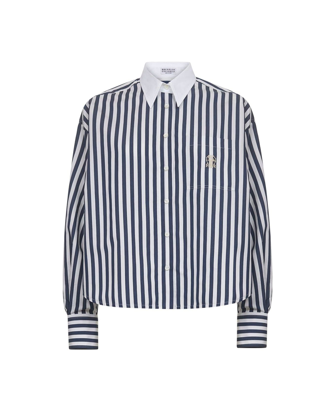 Brunello Cucinelli Striped Long-sleeved Shirt - WHITE+ BLUE