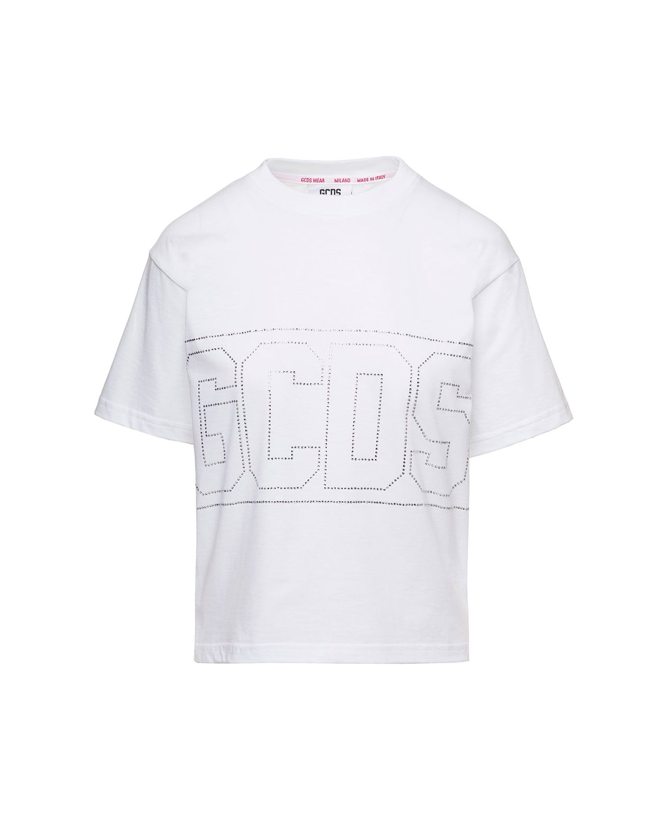 GCDS White Crewneck T-shirt With Rhinestone Logo On The Front And On The Back In Cotton Woman - White
