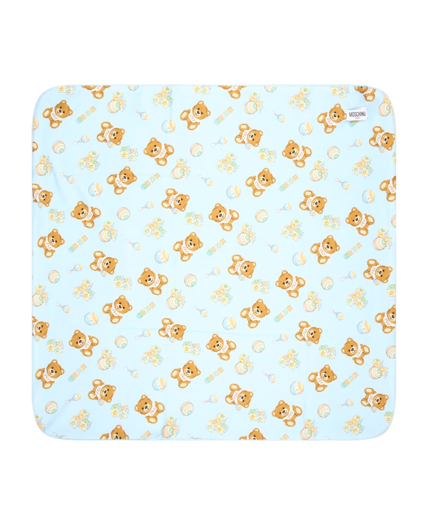 Moschino Light Blue Blanket For Baby Boy With Teddy Bear And Logo - Light Blue
