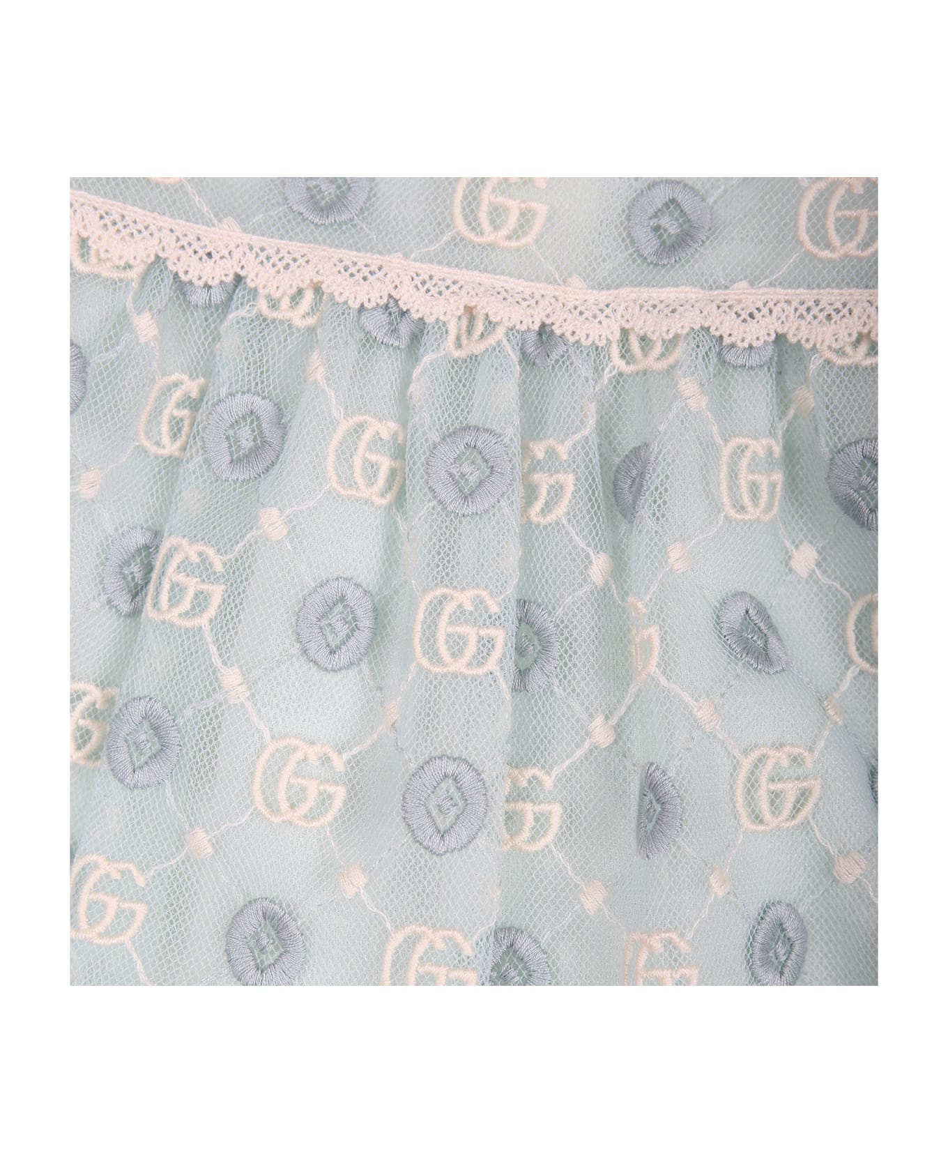 Gucci Light Blue Dress For Baby Girl With Geometric Pattern And Double G - Light Blue ウェア