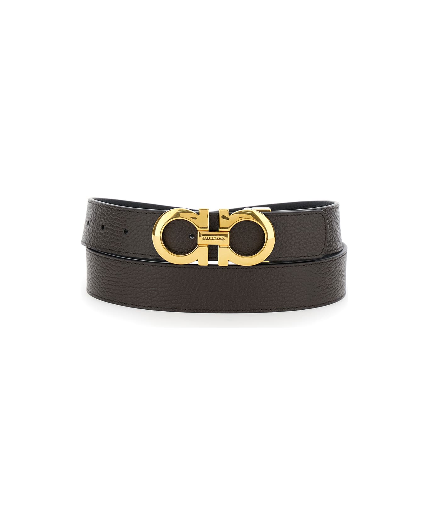 Ferragamo Brown And Black Reversible Belt With Gancini Buckle In Hammered Leather Man - Brown