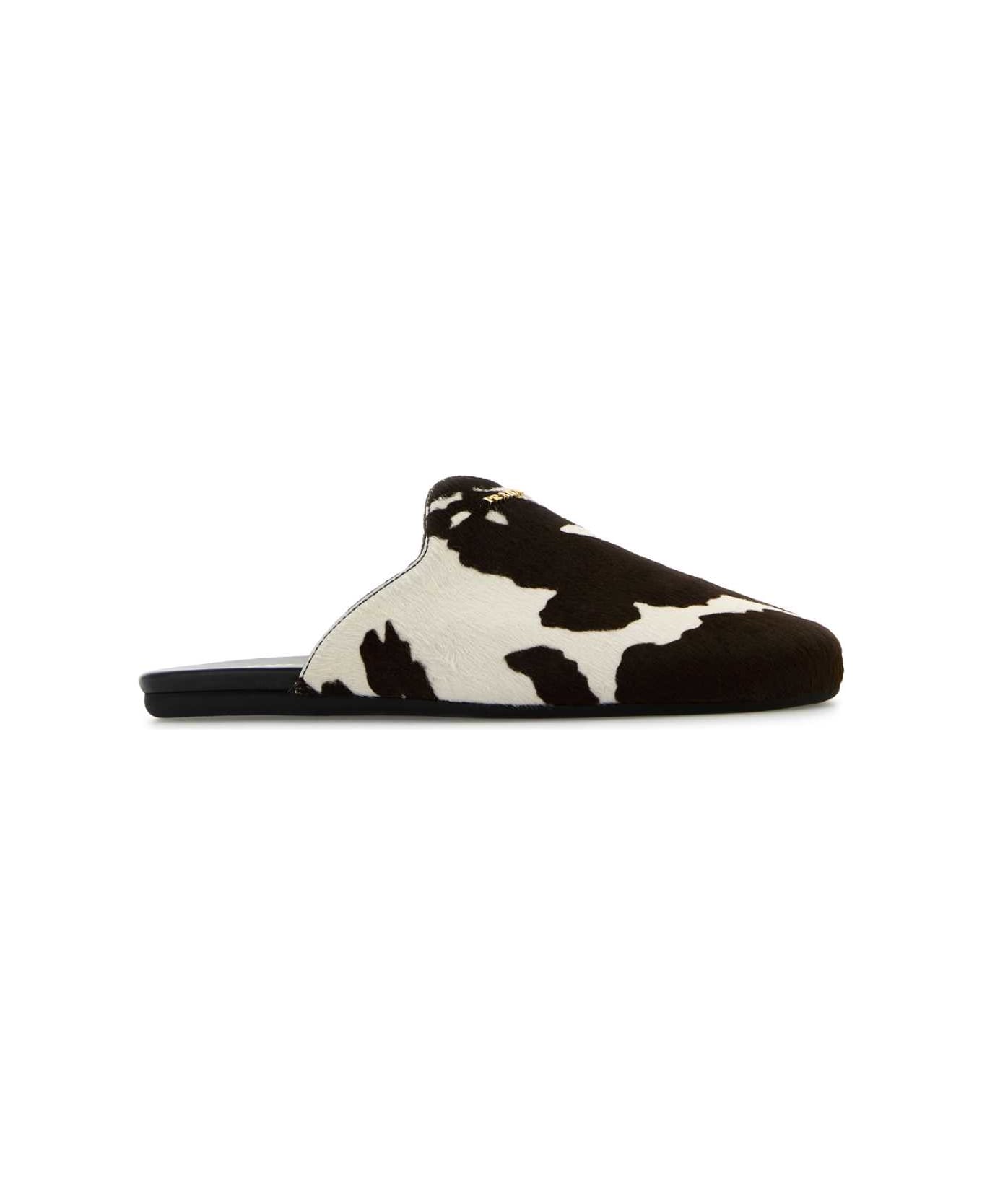Prada Printed Calf Hair Slippers - BIANCO/MORO