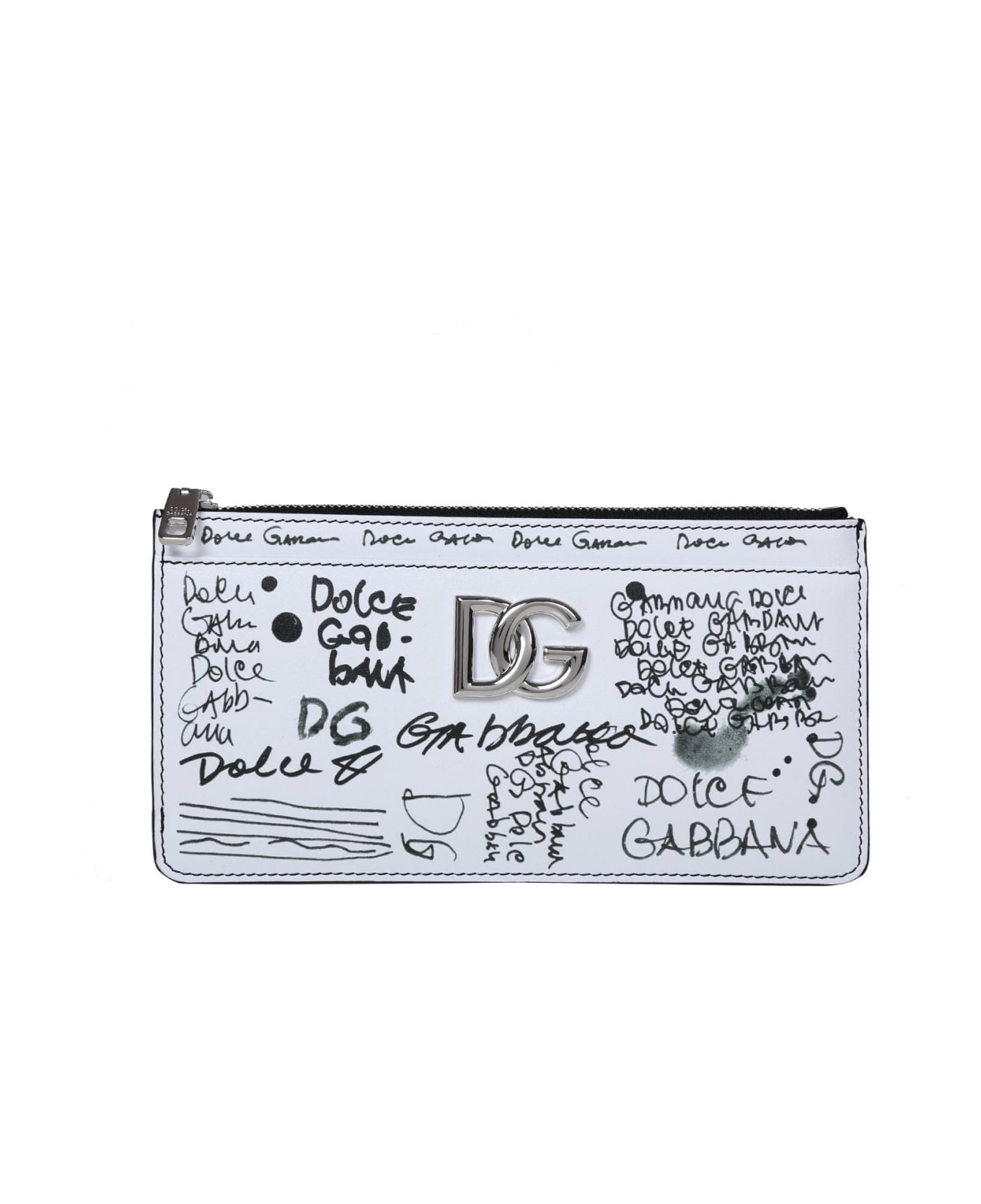 Dolce & Gabbana Card Holder In Graffiti Print Leather - Bianco