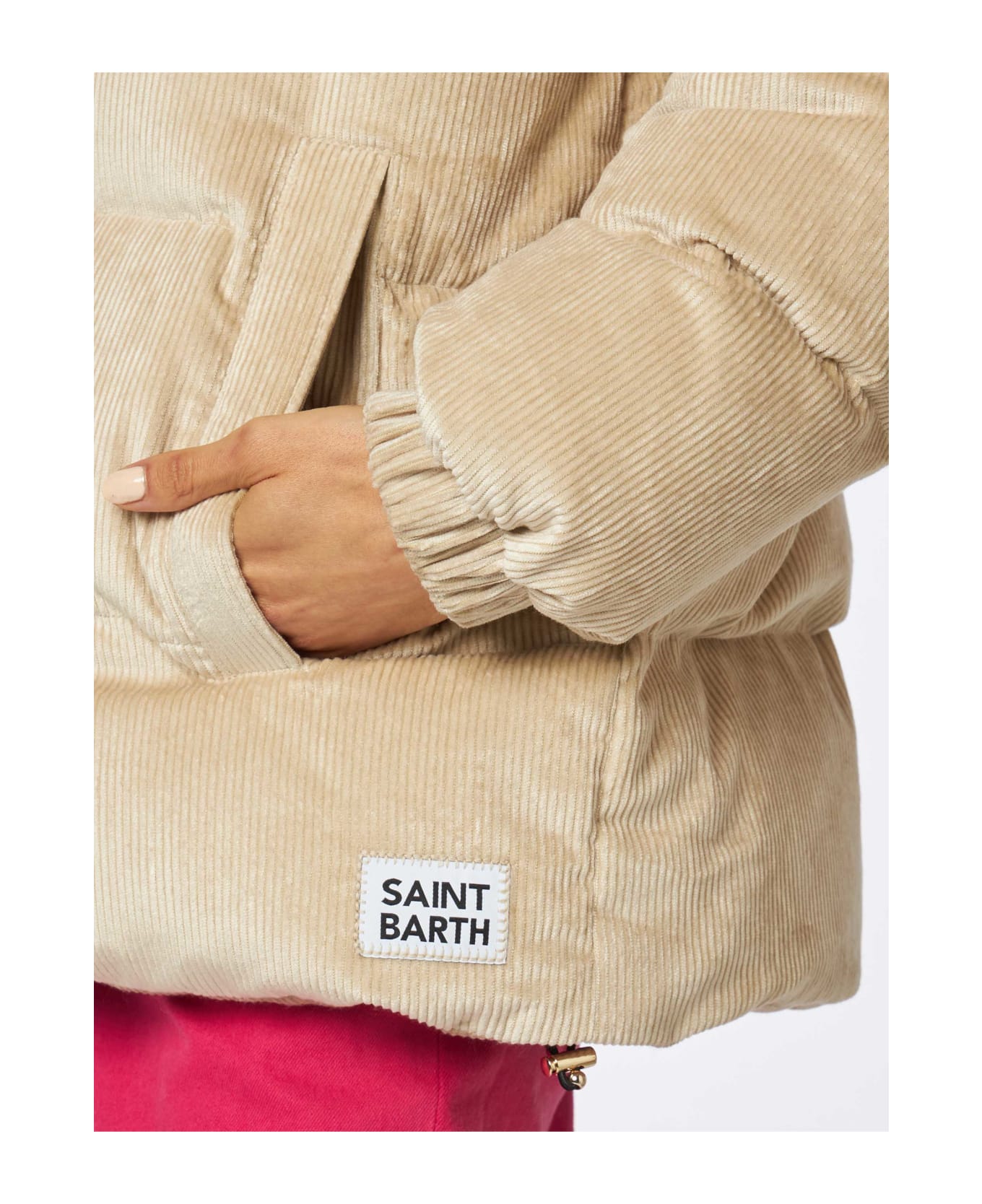 MC2 Saint Barth Woman Beige Corduroy Down Padded Jacket With Hoodie - WHITE