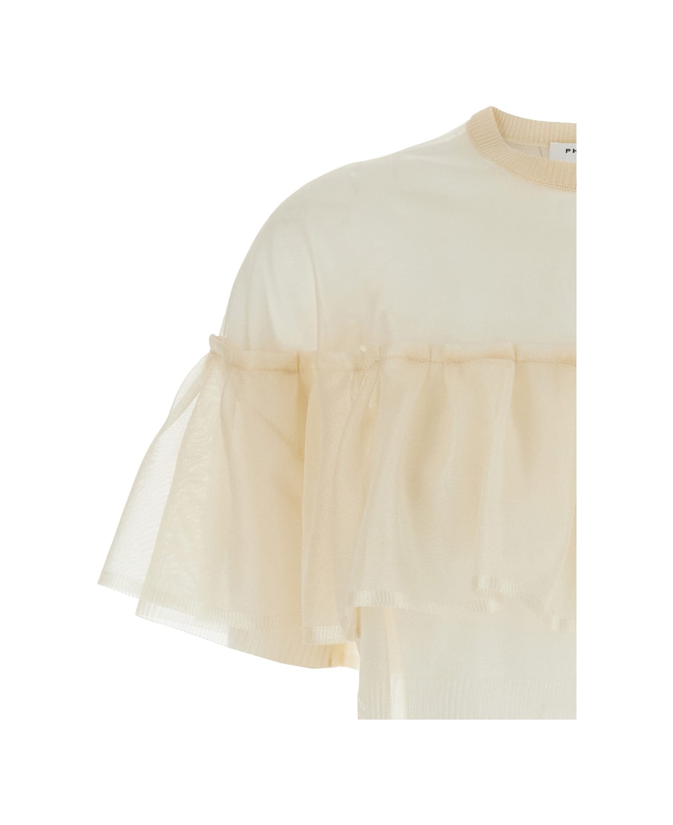 Philosophy di Lorenzo Serafini Beige Crewneck T-shirt With Ruffles In Tech Fabric Woman - Beige