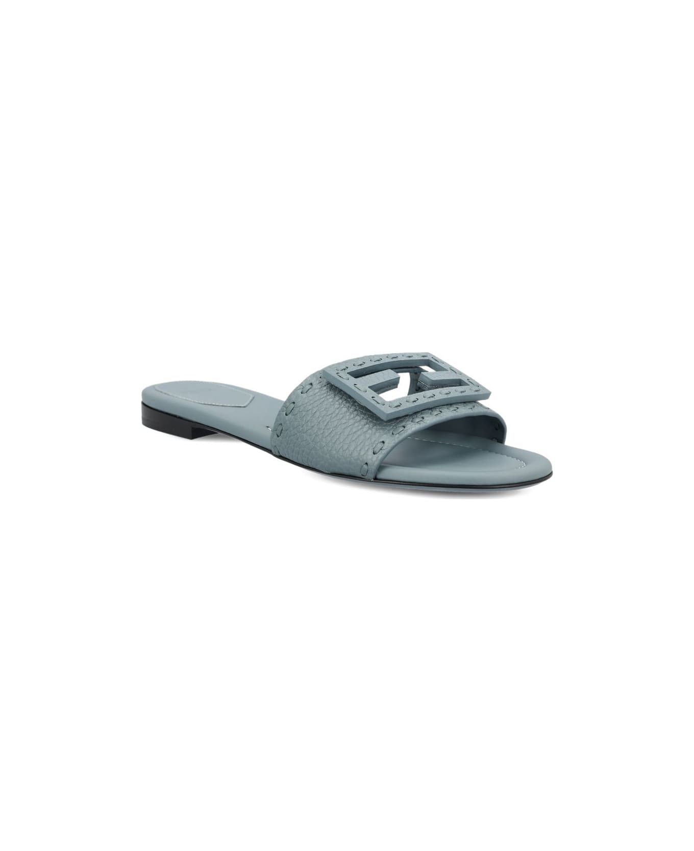 Fendi Baguette Leather Slides - Grey