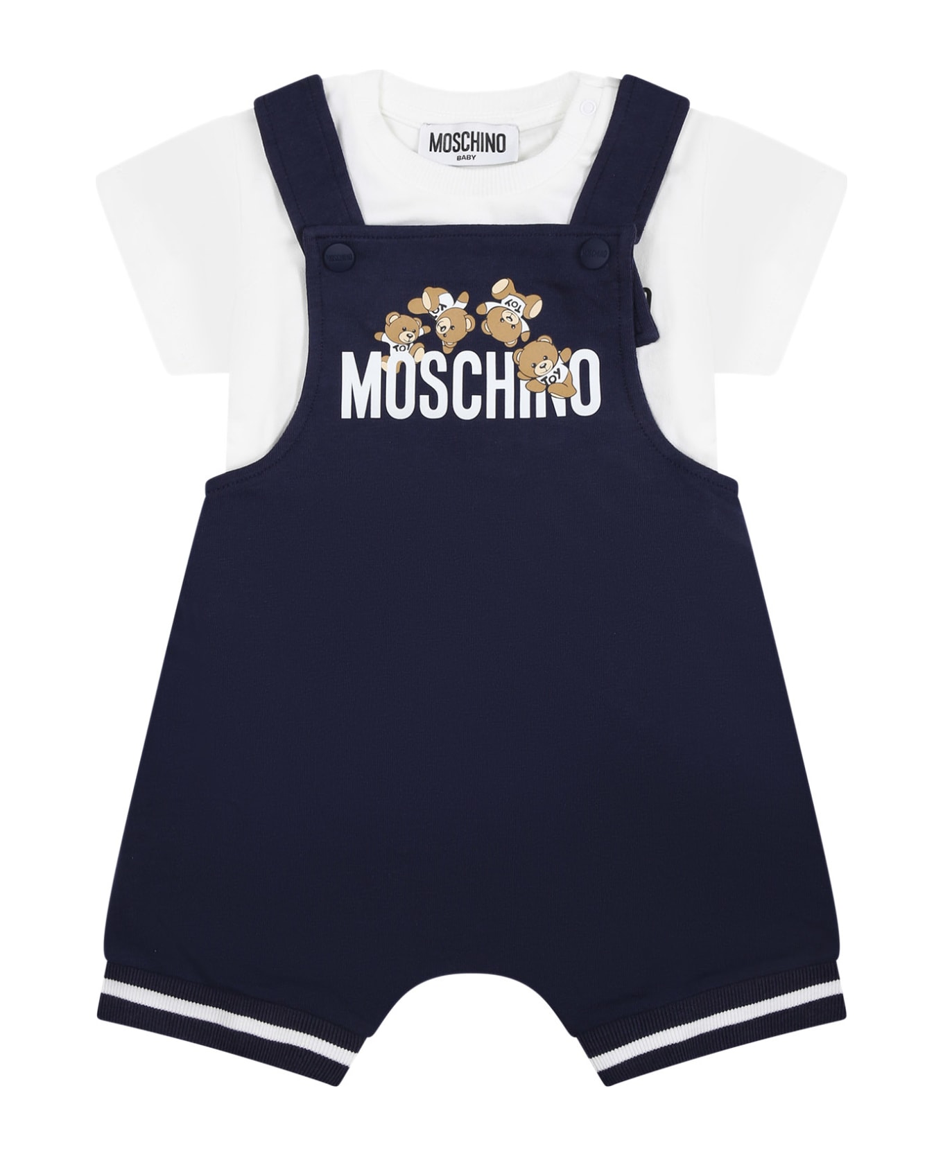 Moschino Blue Dungarees For Baby Boy With Teddy Bear - Blue コート＆ジャケット
