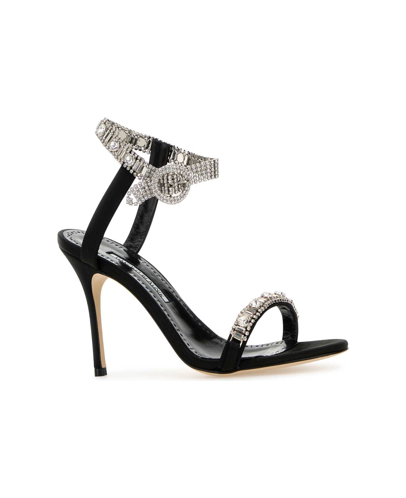 Manolo Blahnik Black Satin Asasan Sandas - BLCK