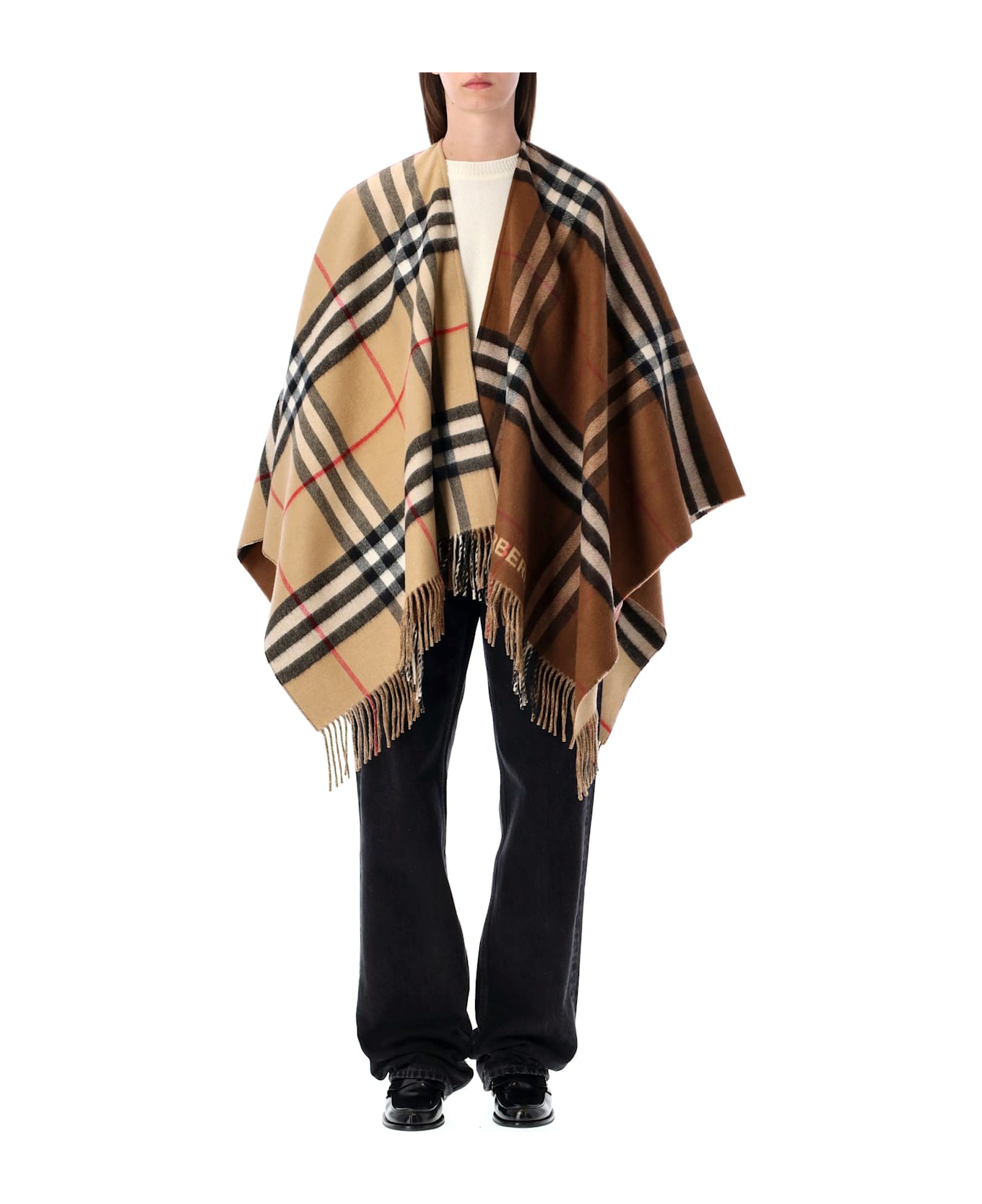 Burberry London Wool Cashmere Cape With Contrast Burberry Check - ARC BEG/DRK BIR BRWN