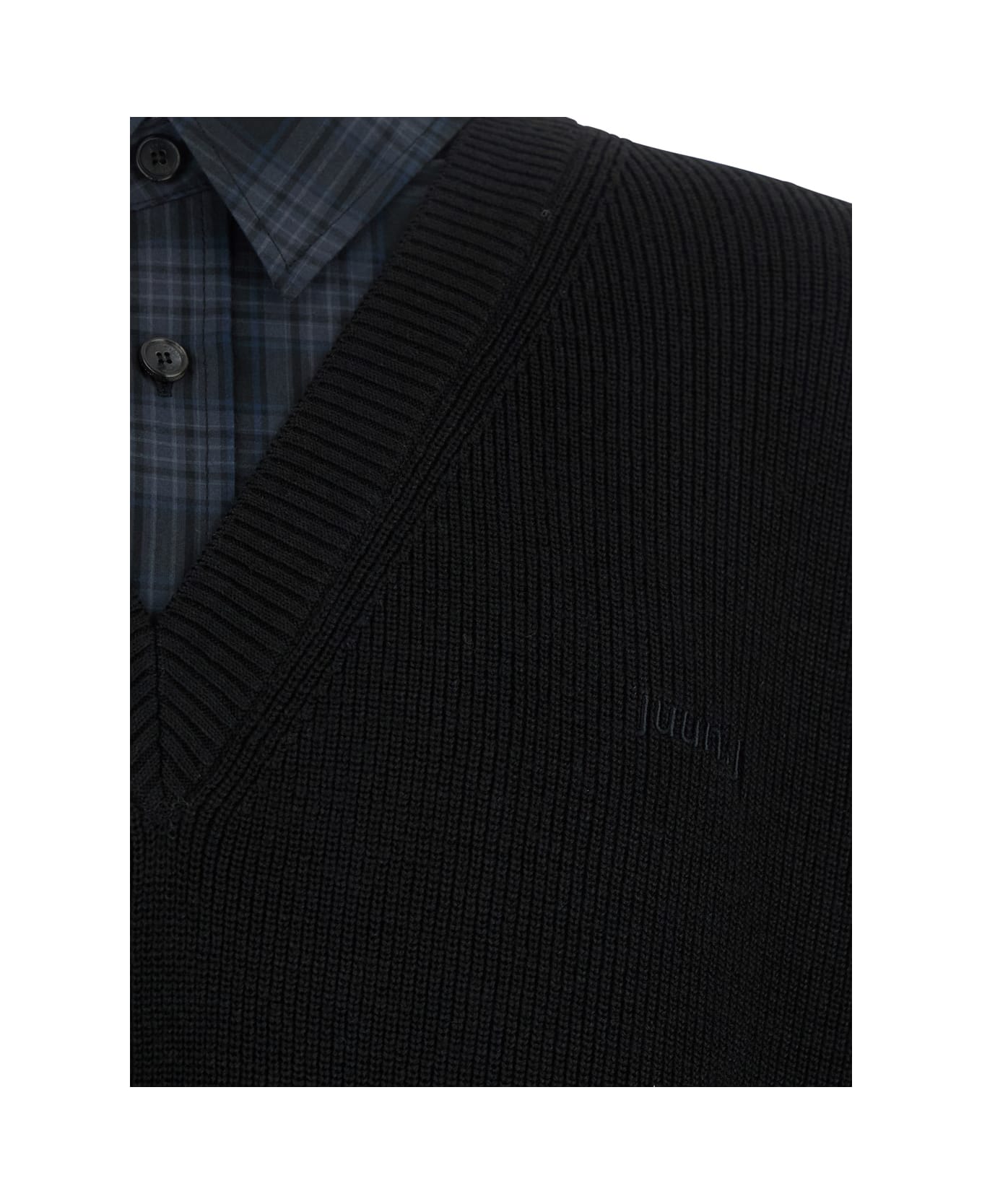 Juun.J Black Sweater With Layered Design And Classic Collar In Cotton And Wool Blend Man - Black