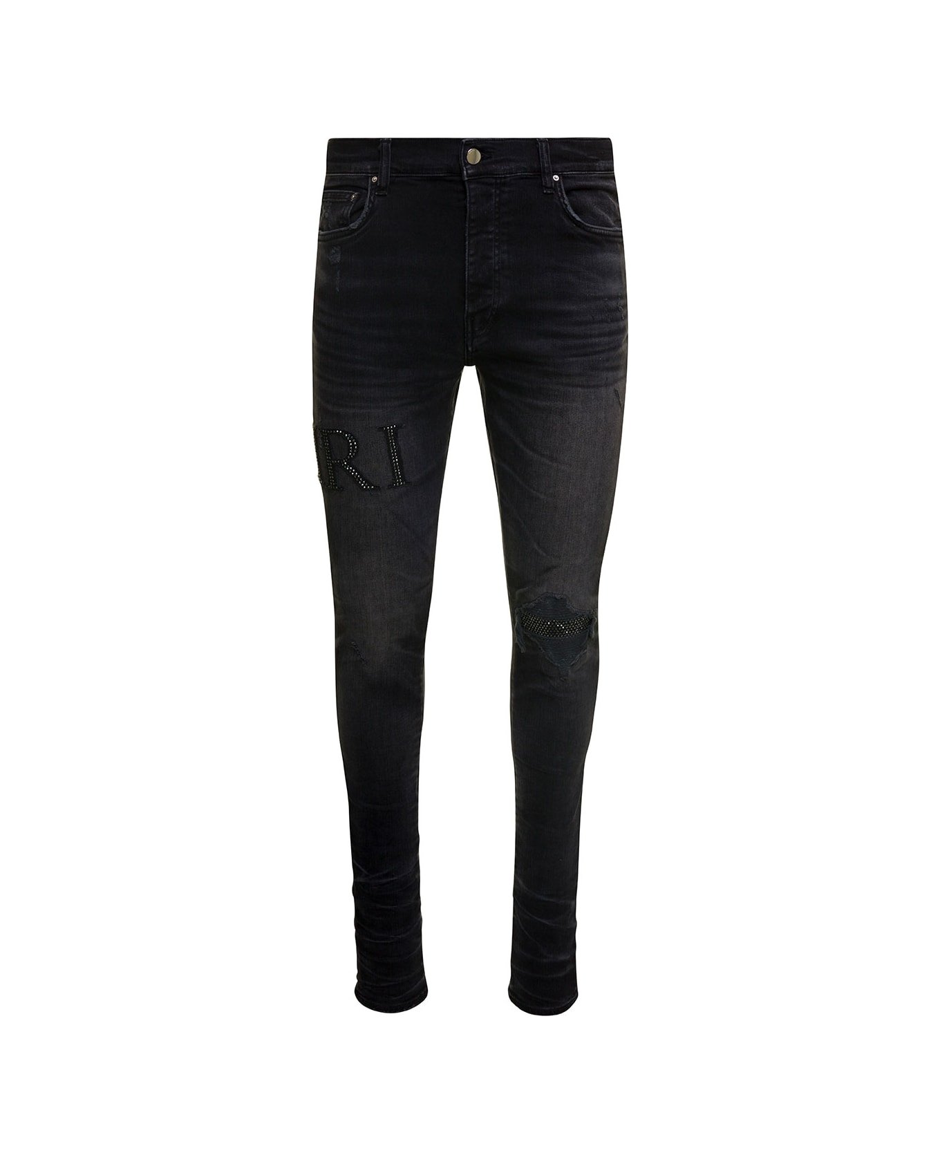 AMIRI Black Skinny Jeans With Crystal Embellished Logo And Used Effect In Stretch Cotton Denim Man - Black