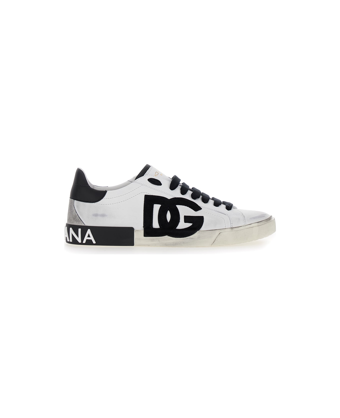 Dolce & Gabbana 'portofino' White And Black Low Top Sneakers With Logo Patch And Used Effect In Leather Man - White