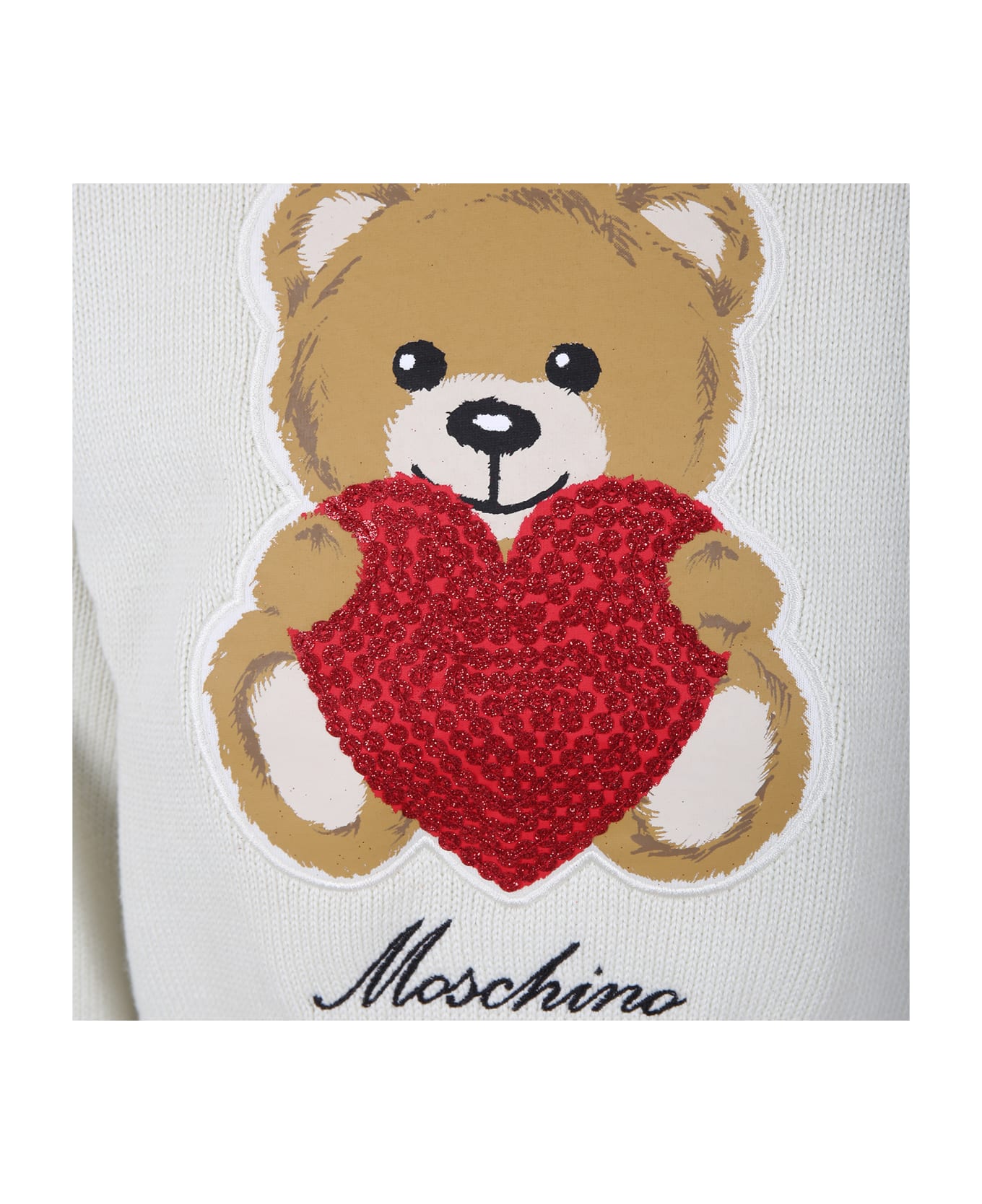 Moschino White Sweater For Girl With Teddy Bear And Heart - White ニットウェア＆スウェットシャツ